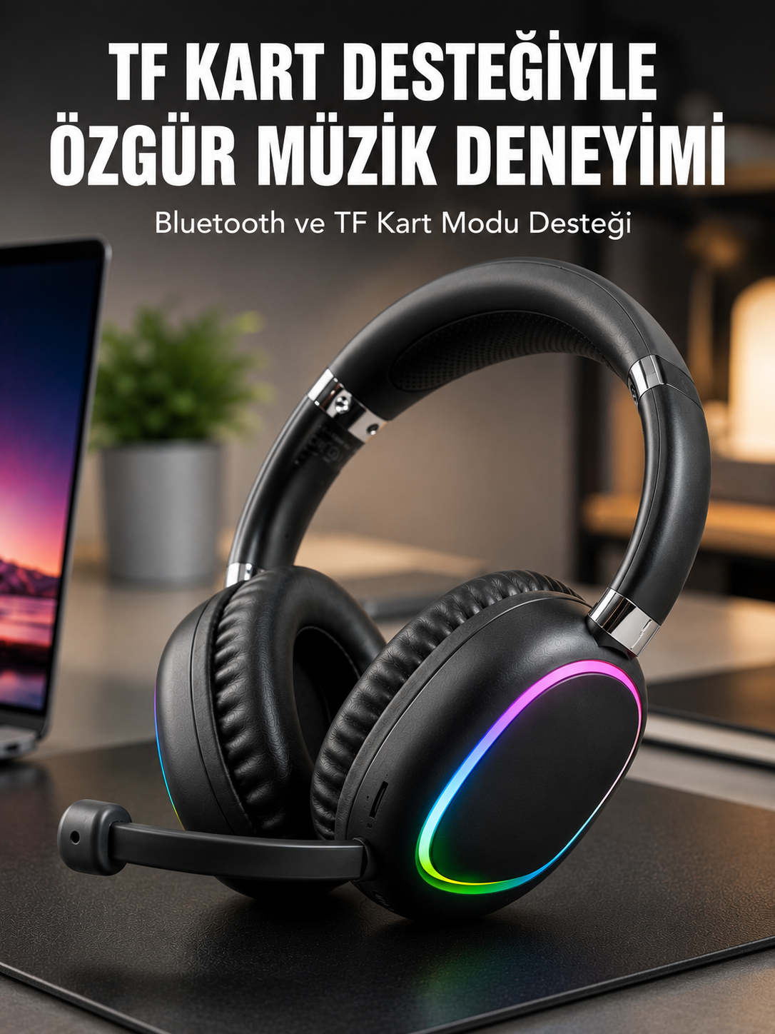 Mikrofonlu Bluetooth Kulak Üstü Kulaklık RGB Aydınlatmalı Type-C Şarjlı - Bayi Depom Mikrofonlu Bluetooth Kulak Üstü Kulaklık RGB Aydınlatmalı Type-C Şarjlı - Bayi Depom