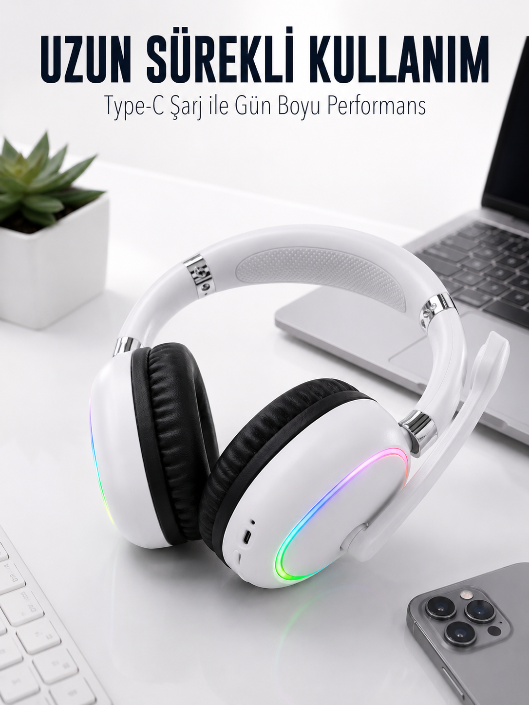 Beyaz Bluetooth 5.0 Mikrofonlu Kablosuz Kulak Üstü Kulaklık RGB Işıklı Type-C Şarjlı - Bayi Depom Beyaz Bluetooth 5.0 Mikrofonlu Kablosuz Kulak Üstü Kulaklık RGB Işıklı Type-C Şarjlı - Bayi Depom