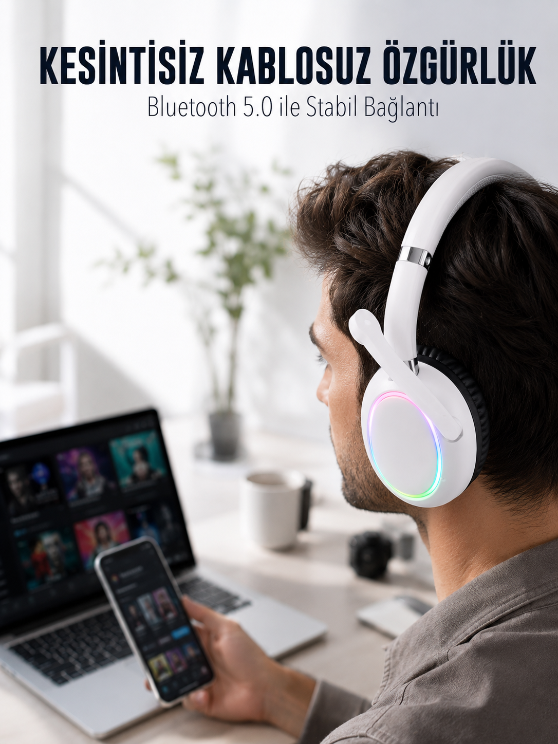 RGB Işıklı Mikrofonlu Bluetooth Kulaklık Beyaz Over-Ear Tasarım Type-C Şarjlı - Bayi Depom RGB Işıklı Mikrofonlu Bluetooth Kulaklık Beyaz Over-Ear Tasarım Type-C Şarjlı - Bayi Depom