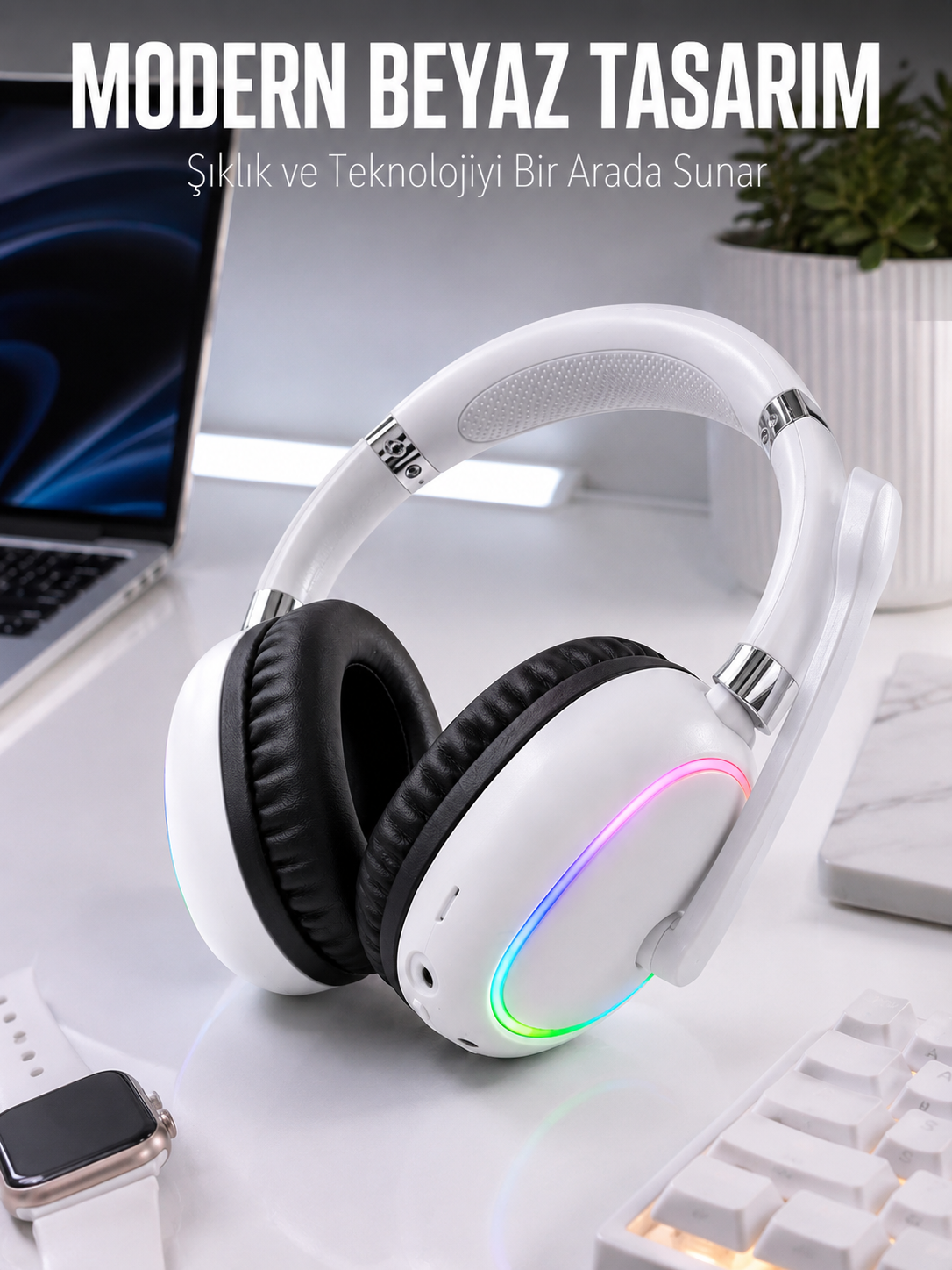 Kablosuz Bluetooth Mikrofonlu Beyaz Kulaklık RGB Işıklı - Bayi Depom Kablosuz Bluetooth Mikrofonlu Beyaz Kulaklık RGB Işıklı - Bayi Depom
