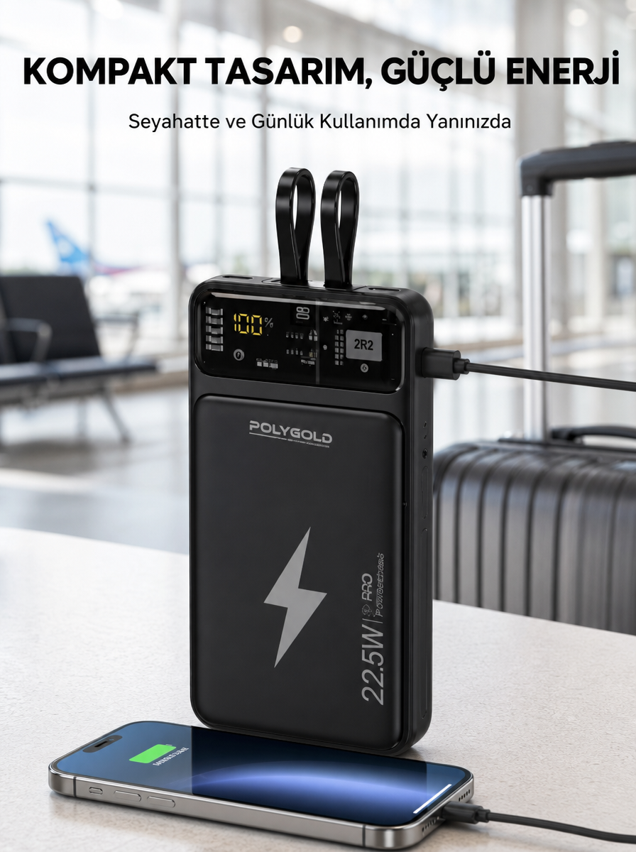 Powerbank Dahili Ekranlı 10000 mAh Çift Kablolu Yeni Nesil - Bayi Depom