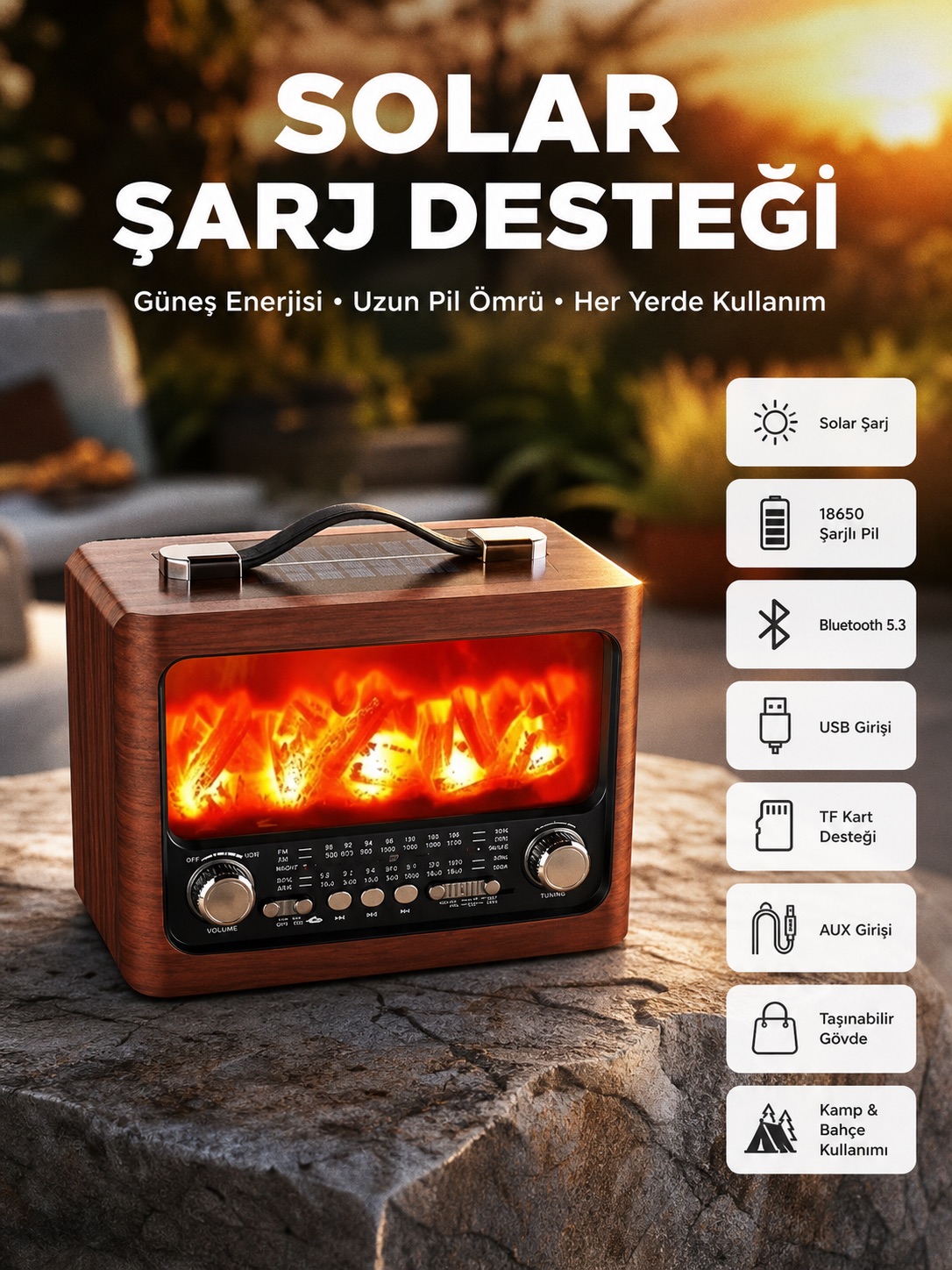 Taşınabilir Şömine Görünümlü Bluetooth Hoparlör – Solar Şarjlı, Alev Işıklı, 7W Ses - Bayi Depom Taşınabilir Şömine Görünümlü Bluetooth Hoparlör – Solar Şarjlı, Alev Işıklı, 7W Ses - Bayi Depom