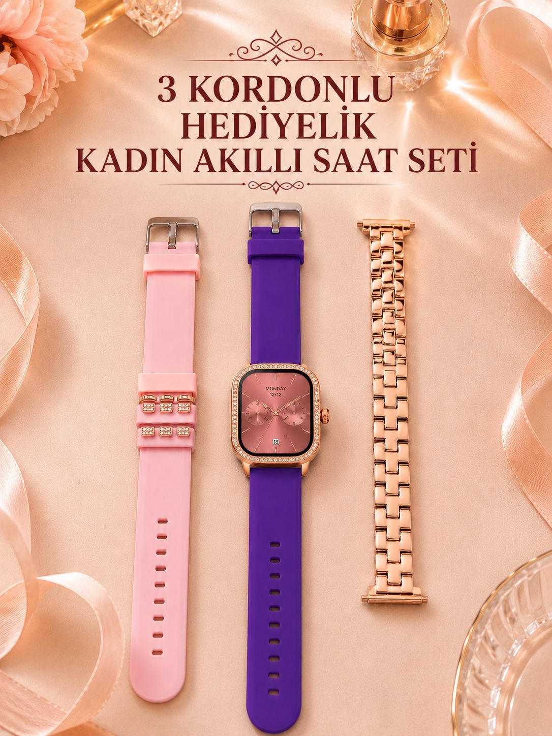 3 Kordonlu Rose Gold Kasalı Kadın Akıllı Saat Seti - Bayi Depom 3 Kordonlu Rose Gold Kasalı Kadın Akıllı Saat Seti - Bayi Depom