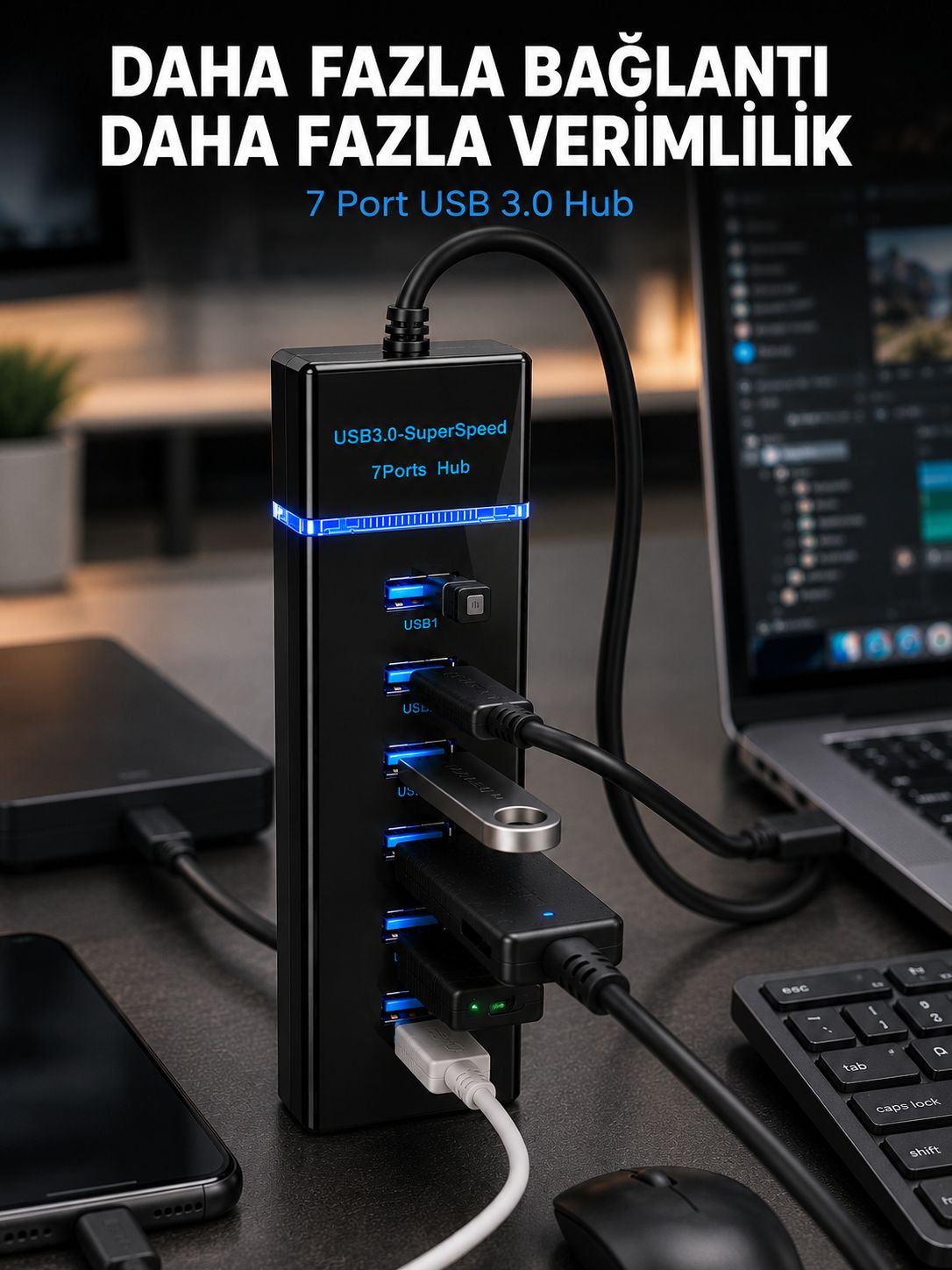 7 Port USB 3.0 Hub 5Gbps Süper Hızlı USB Çoklayıcı - Bayi Depom