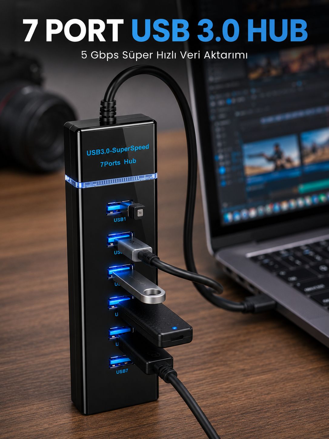 7 Port USB 3.0 Çoklayıcı Hub 5Gbps Veri Aktarım Adaptörü - Bayi Depom