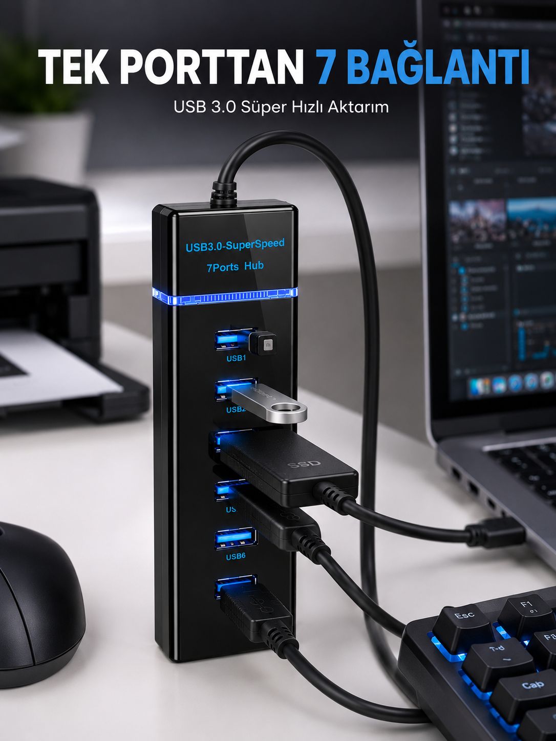USB Hub 7 Port USB 3.0 Çoklayıcı Windows  Uyumlu - Bayi Depom