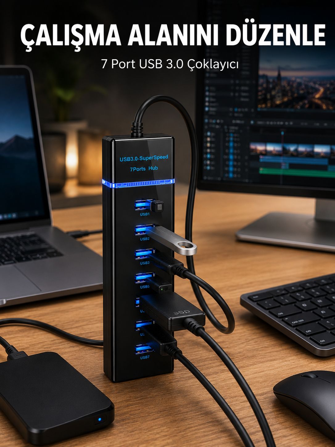 7 Girişli USB 3.0 Hub 5Gbps LED Göstergeli USB Çoğaltıcı - Bayi Depom