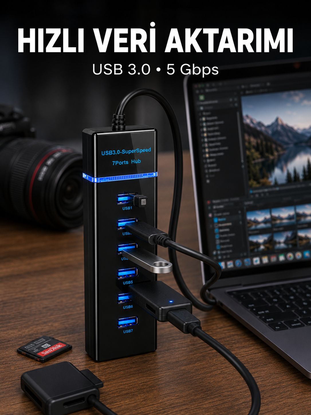 USB 3.0 Çoklayıcı 7 Port Yüksek Hızlı Veri Aktarım - Bayi Depom