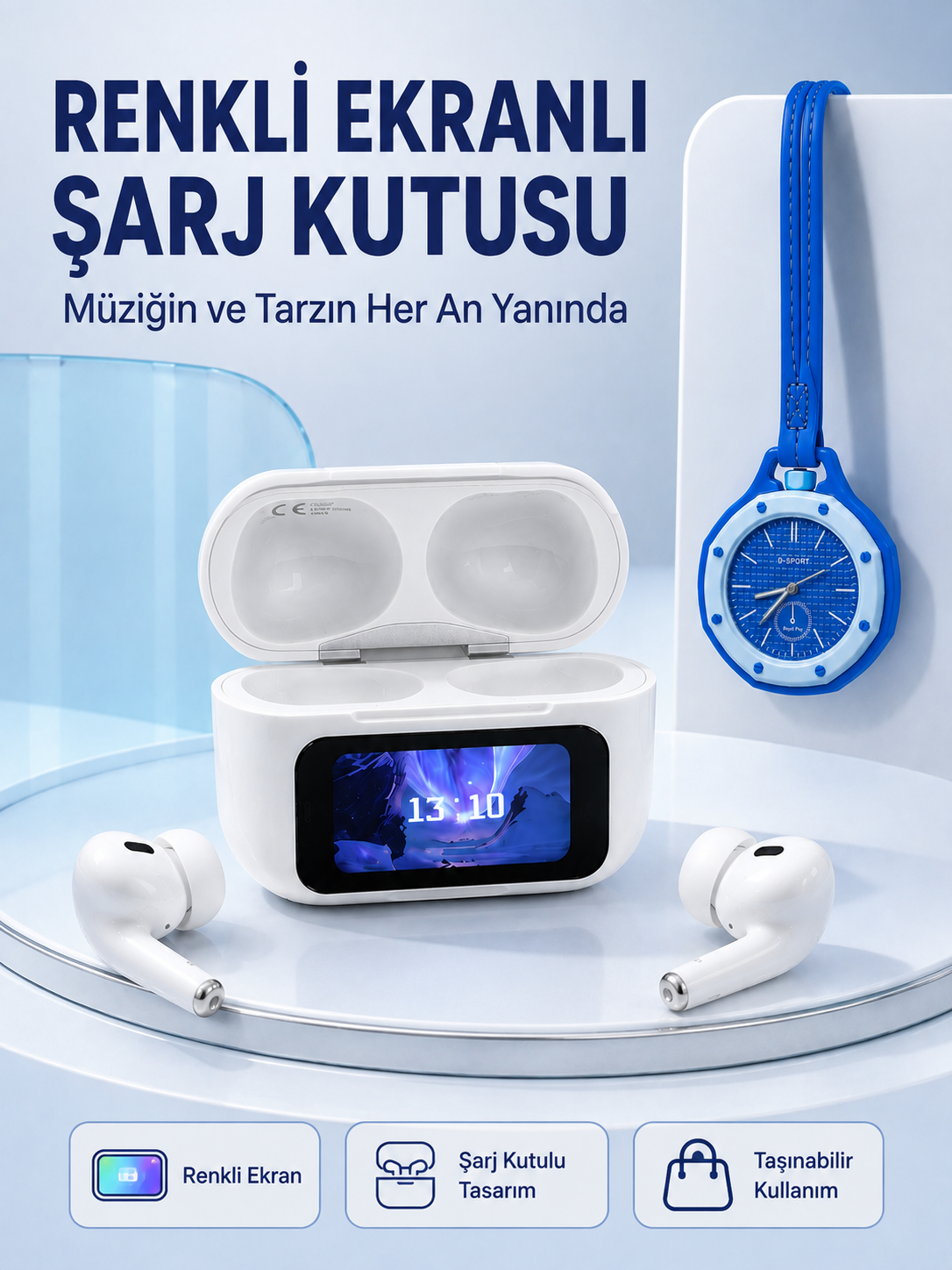 Dokunmatik Kablosuz Kulaklık + Mavi Askılı Analog Charm Saat İkili Set - Bayi Depom Dokunmatik Kablosuz Kulaklık + Mavi Askılı Analog Charm Saat İkili Set - Bayi Depom