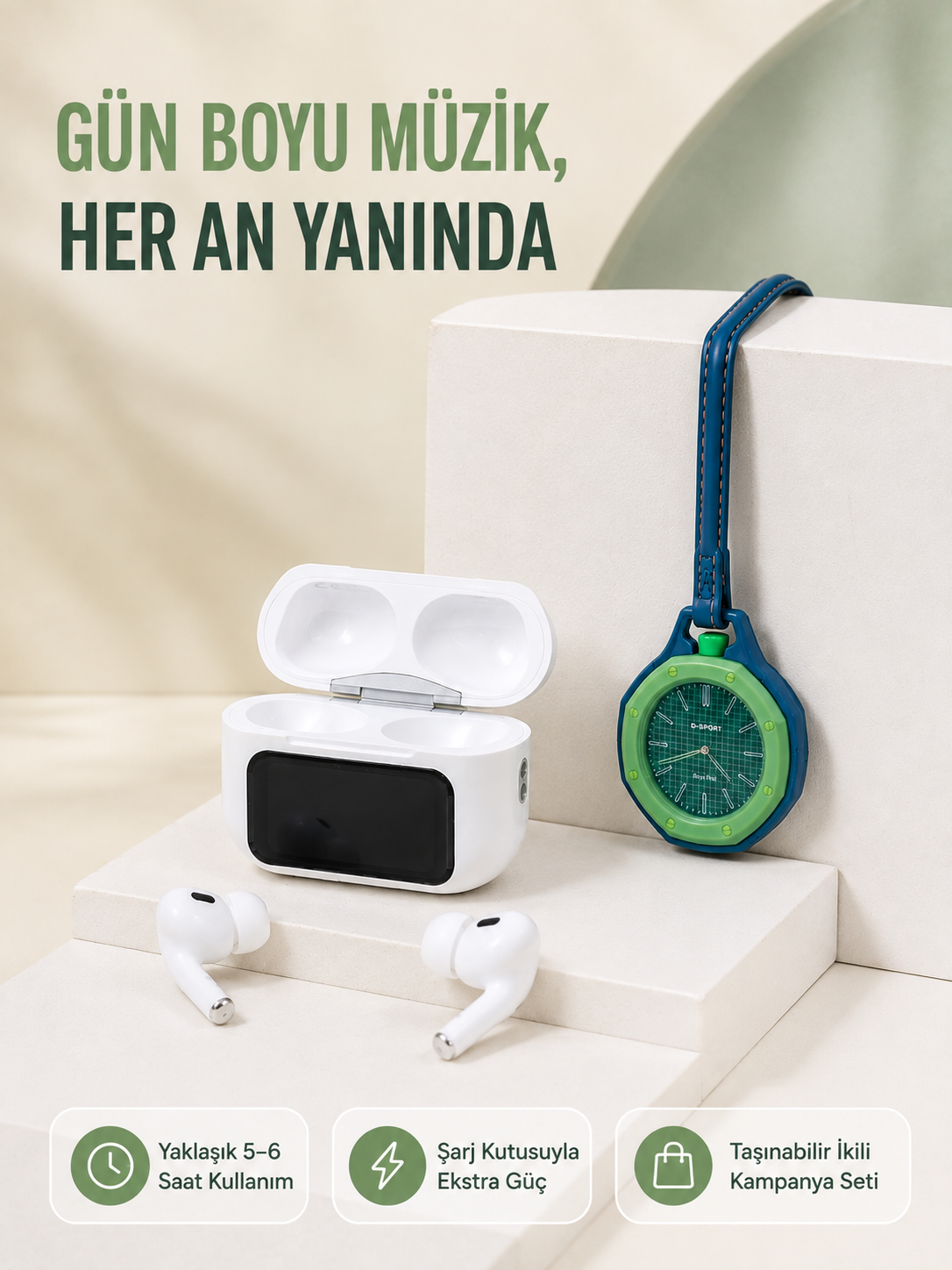 Ekranlı Kablosuz Kulaklık ve Yeşil Çanta Charm Saat Kampanya Seti - Bayi Depom Ekranlı Kablosuz Kulaklık ve Yeşil Çanta Charm Saat Kampanya Seti - Bayi Depom