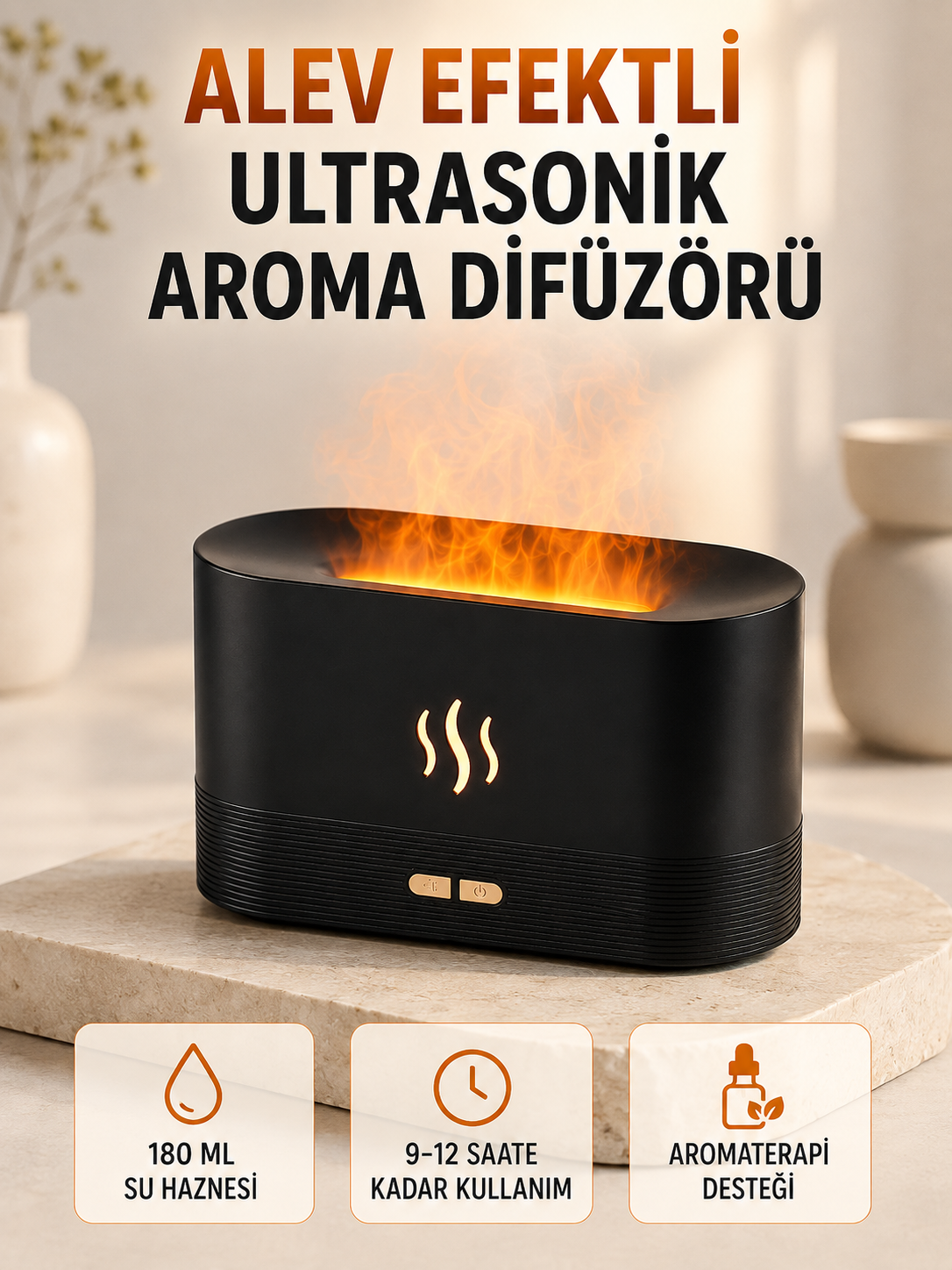 Ultrasonik Aromaterapi Difüzörü 180 ML Hazneli Dekoratif Alev Efektli Nemlendirici - Bayi Depom Ultrasonik Aromaterapi Difüzörü 180 ML Hazneli Dekoratif Alev Efektli Nemlendirici - Bayi Depom