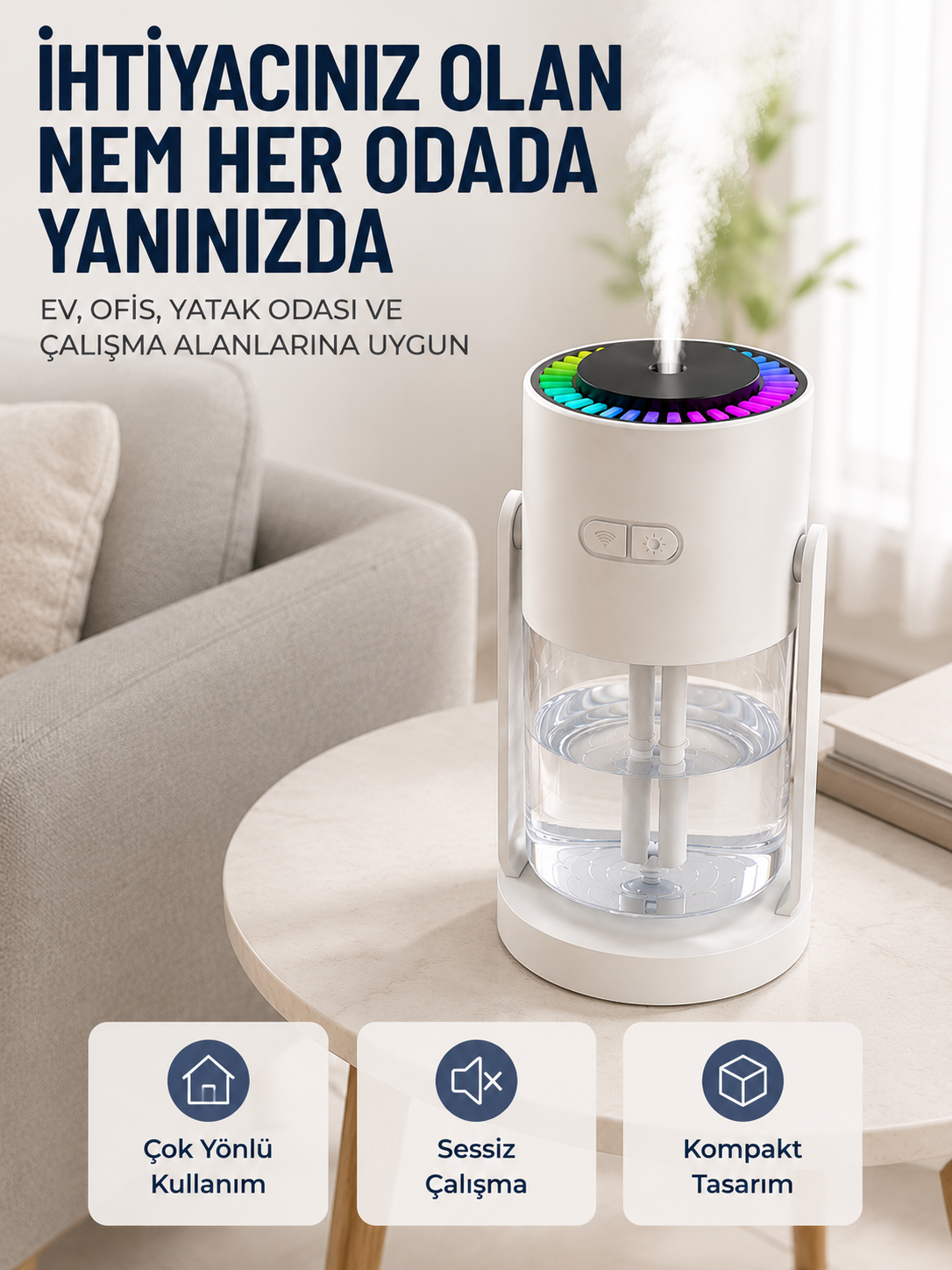 Ultrasonik Hava Nemlendirici Renkli LED Işıklı Sessiz Oda Nemlendirme Cihazı - Bayi Depom Ultrasonik Hava Nemlendirici Renkli LED Işıklı Sessiz Oda Nemlendirme Cihazı - Bayi Depom