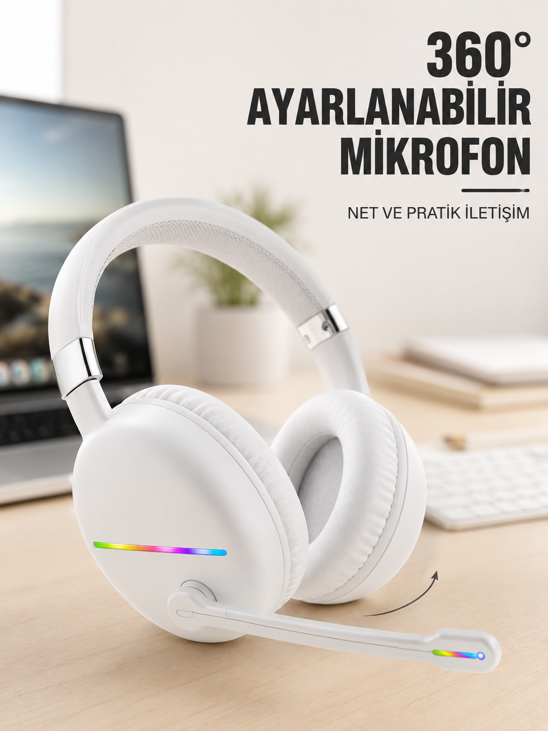 RGB Işıklı Mikrofonlu Bluetooth Kulaklık Beyaz Over-Ear Tasarım Type-C Şarjlı - Bayi Depom RGB Işıklı Mikrofonlu Bluetooth Kulaklık Beyaz Over-Ear Tasarım Type-C Şarjlı - Bayi Depom