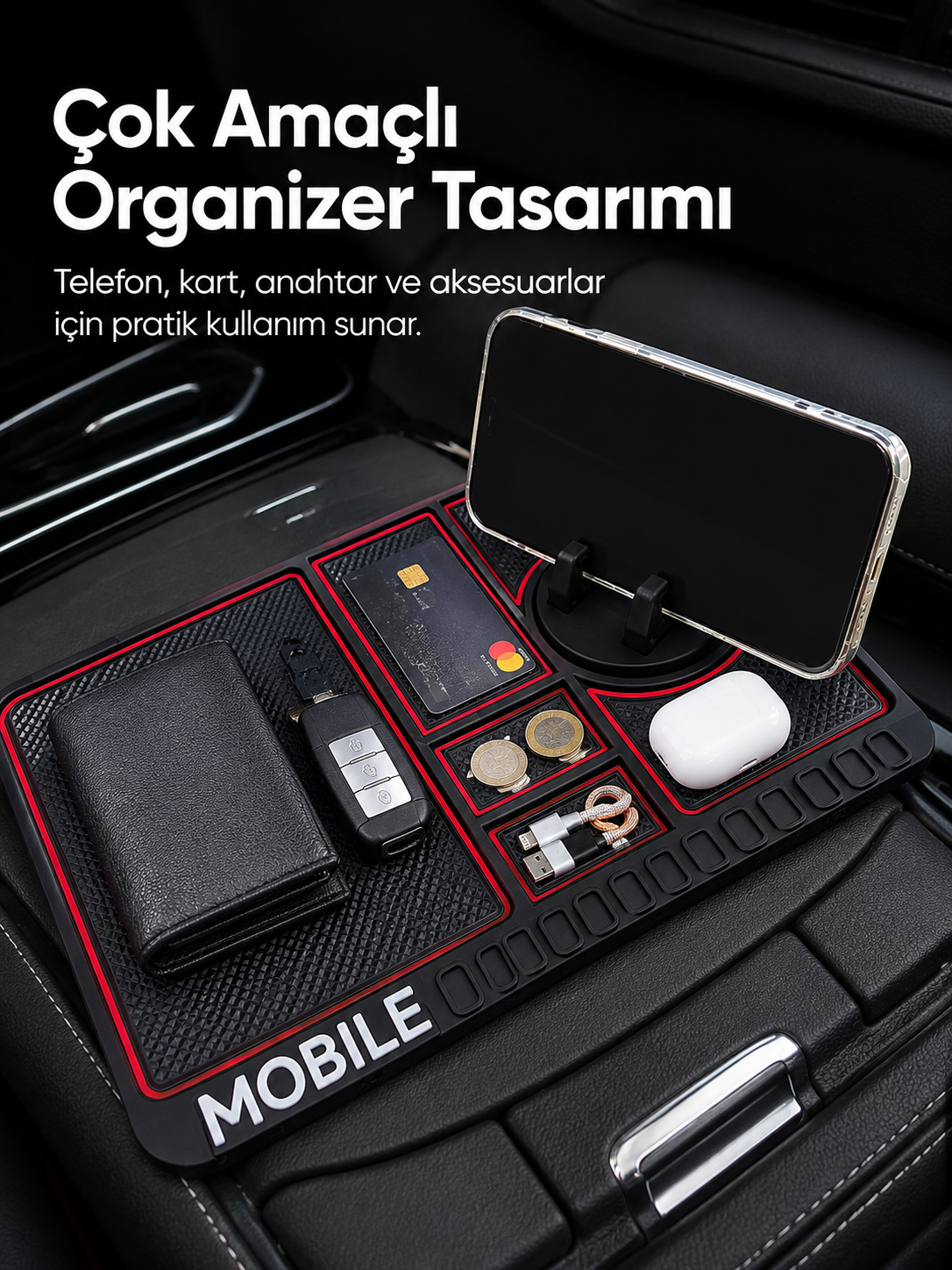 Araç İçi Kaydırmaz Organizer Mat Telefon Standlı Çok Amaçlı Konsol Düzenleyici - Bayi Depom