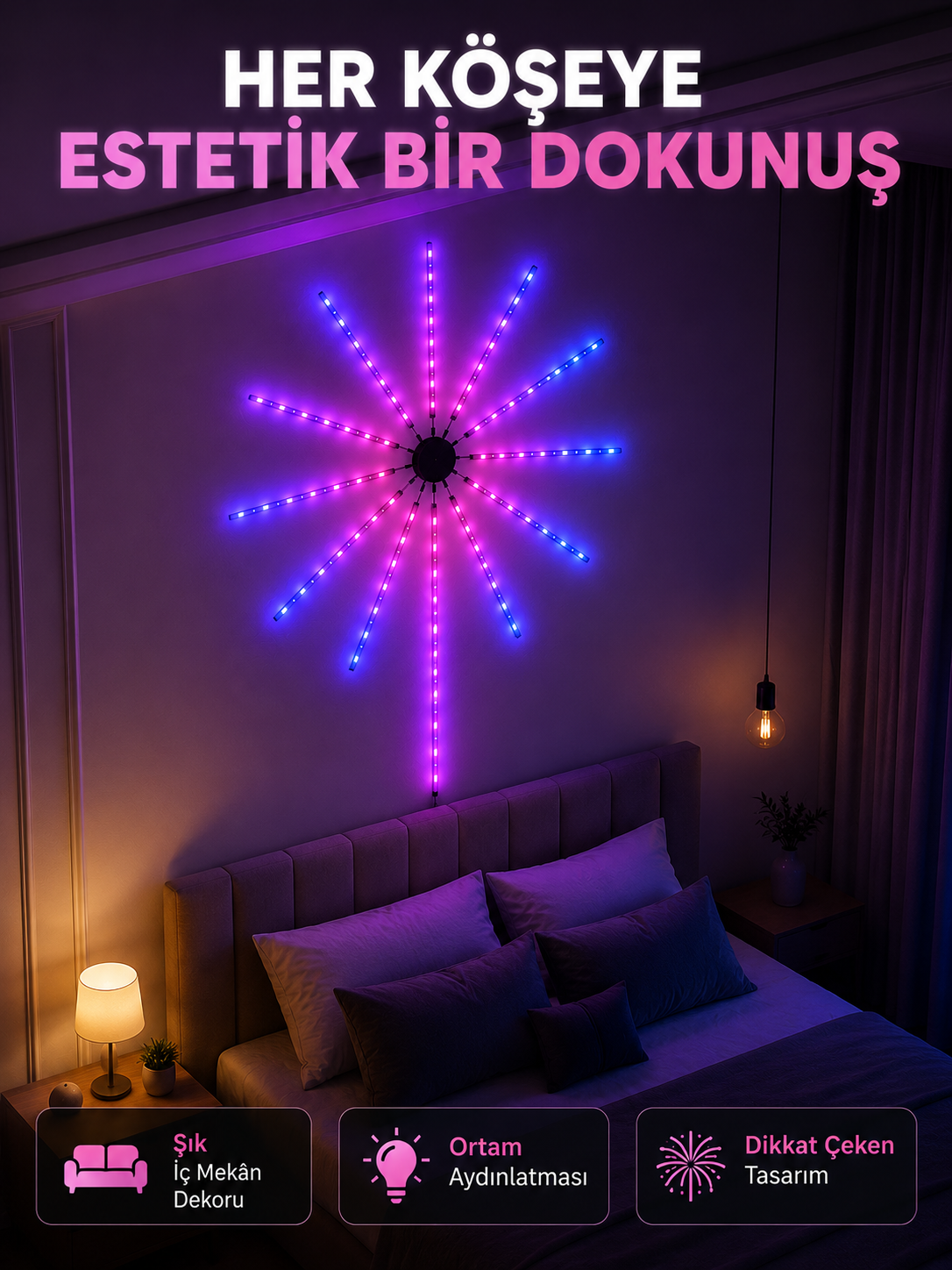 Telefon Kontrollü RGB Fireworks LED Işık Çok Renkli Dekoratif Duvar Lambası - Bayi Depom Telefon Kontrollü RGB Fireworks LED Işık Çok Renkli Dekoratif Duvar Lambası - Bayi Depom