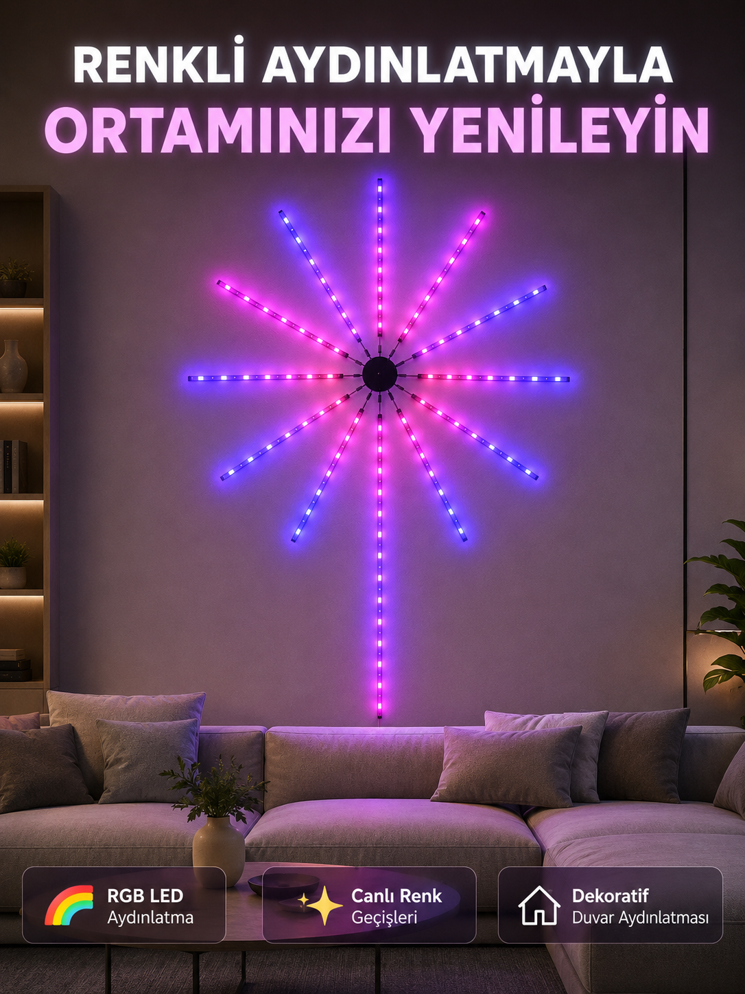 RGB LED Dekoratif Duvar Lambası İç Mekân Telefon Kontrollü Ortam Aydınlatması - Bayi Depom RGB LED Dekoratif Duvar Lambası İç Mekân Telefon Kontrollü Ortam Aydınlatması - Bayi Depom