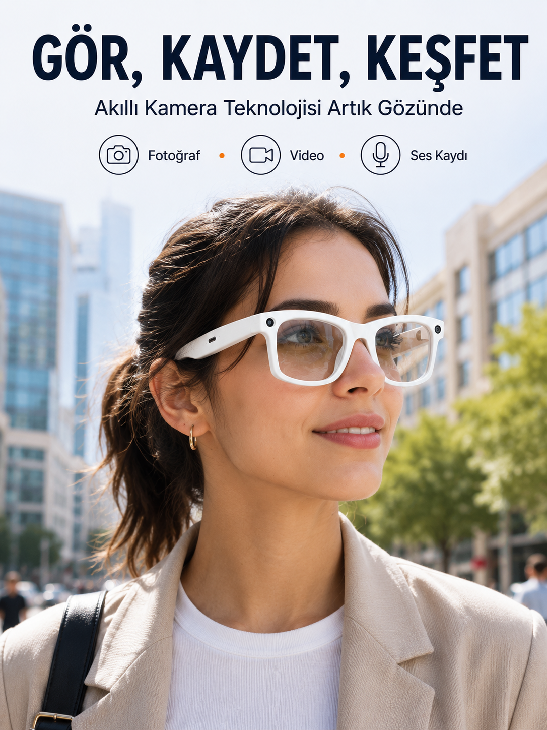 Beyaz Akıllı Kamera Gözlüğü Fotoğraf Video Çekimli Bluetooth Aramalı AI Destekli 3 Değiştirilebilir Lensli - Bayi Depom
