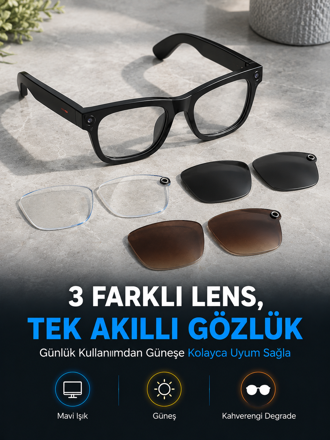 Siyah Akıllı Kamera Gözlüğü Fotoğraf Video Çekimli Bluetooth Aramalı AI Destekli 3 Değiştirilebilir Lensli - Bayi Depom