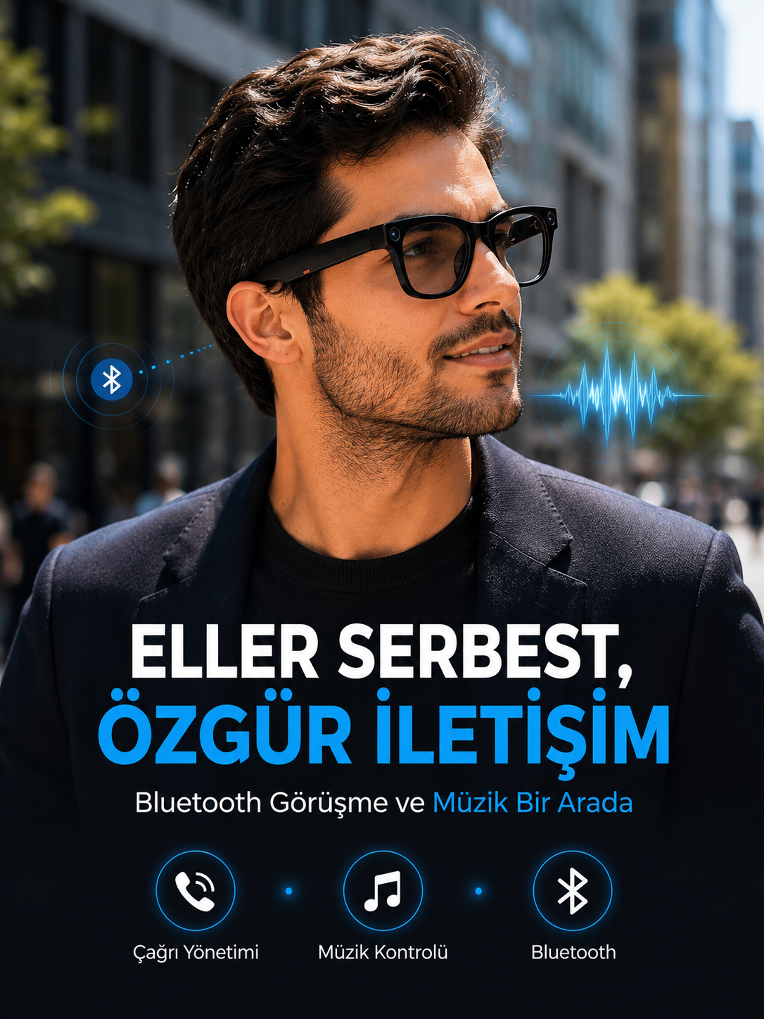 Siyah Kameralı Akıllı Gözlük Bluetooth Telefon Görüşmeli Video Fotoğraf ve Ses Kayıtlı Dokunmatik Kontrollü - Bayi Depom