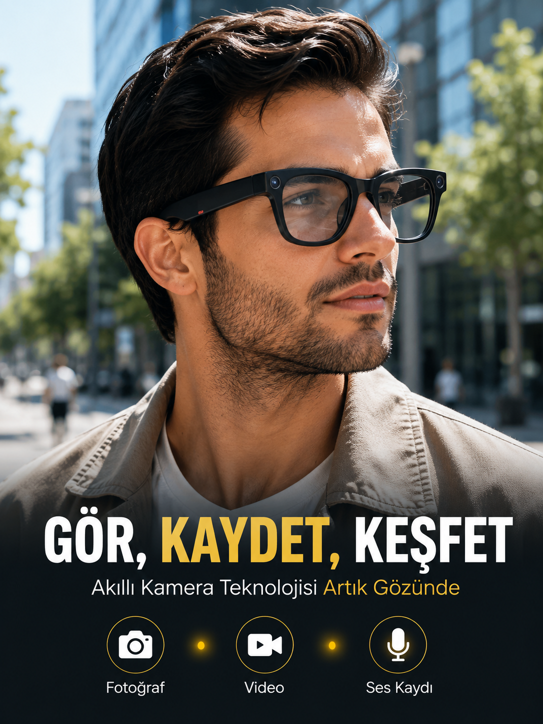 Siyah Bluetooth Akıllı Kamera Gözlüğü Fotoğraf Video Ses Kayıtlı AI Sesli Asistanlı Manyetik Şarjlı 3 Lensli - Bayi Depom