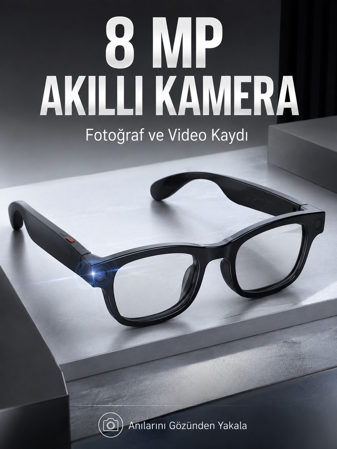 Siyah Bluetooth Akıllı Kamera Gözlüğü 8 MP Kameralı AI Çeviri Wi-Fi Fotoğraf Video Müzik Arama ve Dokunmatik Kontrollü - Bayi Depom