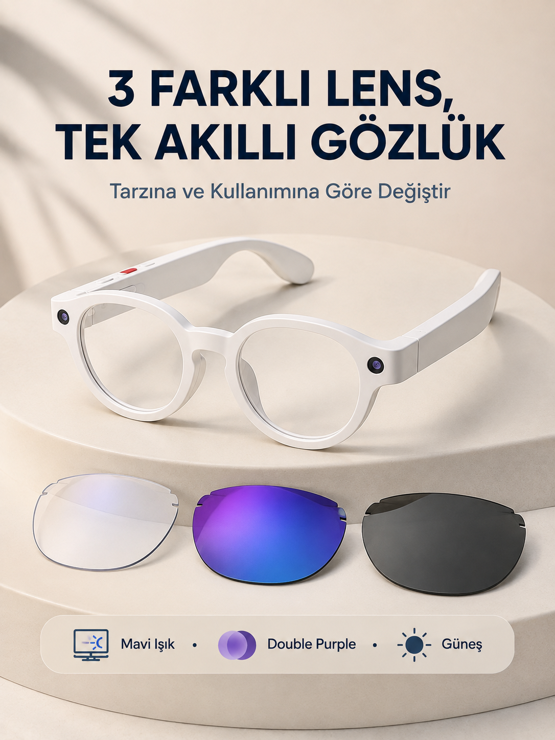 Beyaz Akıllı Kamera Gözlüğü Fotoğraf Video Çekimli Yapay Zeka Destekli Bluetooth Çoklu Dil Çeviri 3 Lensli - Bayi Depom