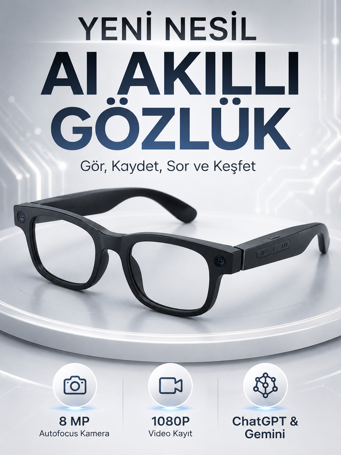Akıllı Gözlük 8 MP Kameralı 1080P Video Kayıt WiFi Bağlantılı Çift Mikrofonlu Gürültü Engelleme Özellikli - Bayi Depom