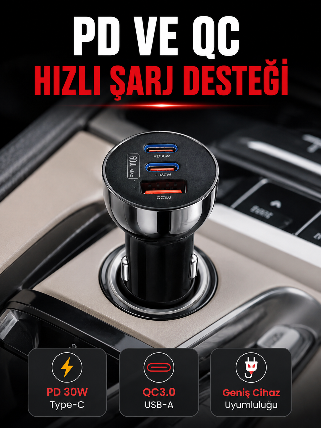 3 Portlu Araç İçi Şarj Adaptörü Çift PD Type-C ve QC3.0 USB Çıkışlı - Bayi Depom