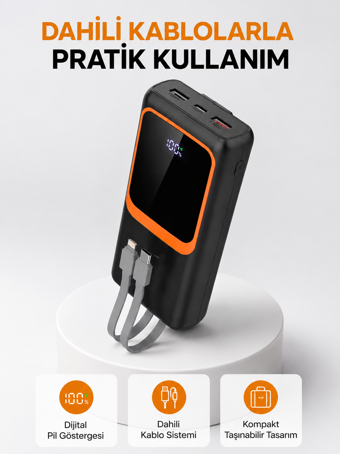 Powerbank 20000 mAh Dijital Ekranlı ve Çok Kablolu Hızlı Şarj Cihazı - Bayi Depom