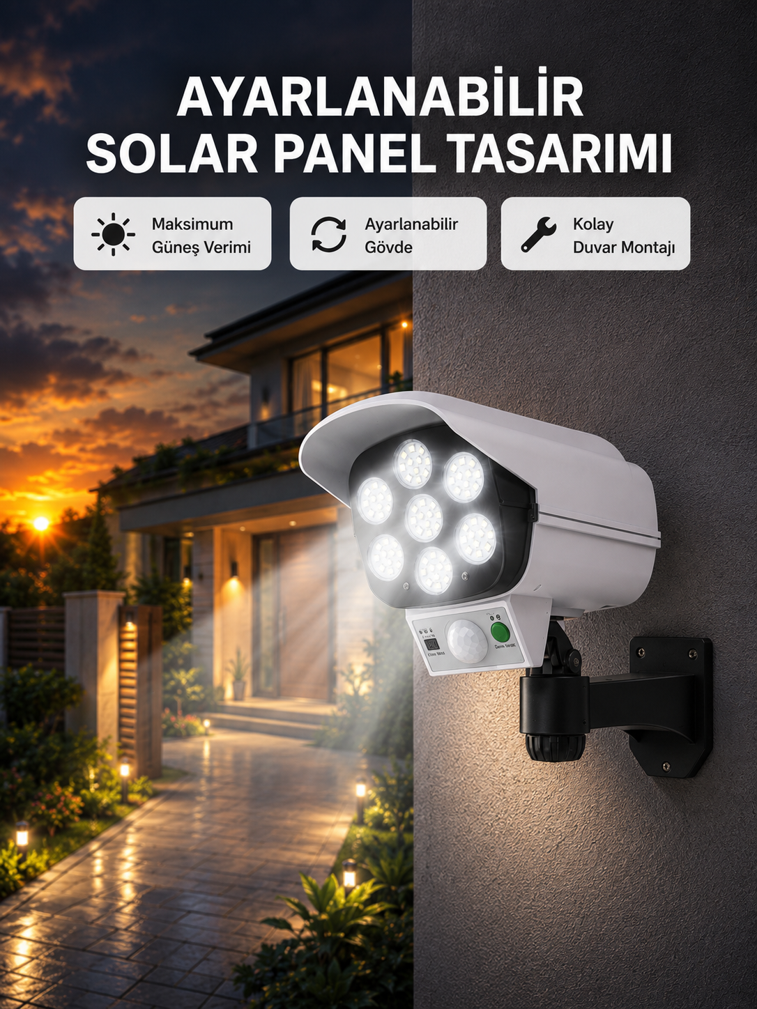 PVC+PC Malzemeli, 2'si 1 Arada Güvenlik Lambası – Ayarlanabilir Başlık ve Panel Açısı - Bayi Depom PVC+PC Malzemeli, 2'si 1 Arada Güvenlik Lambası – Ayarlanabilir Başlık ve Panel Açısı - Bayi Depom