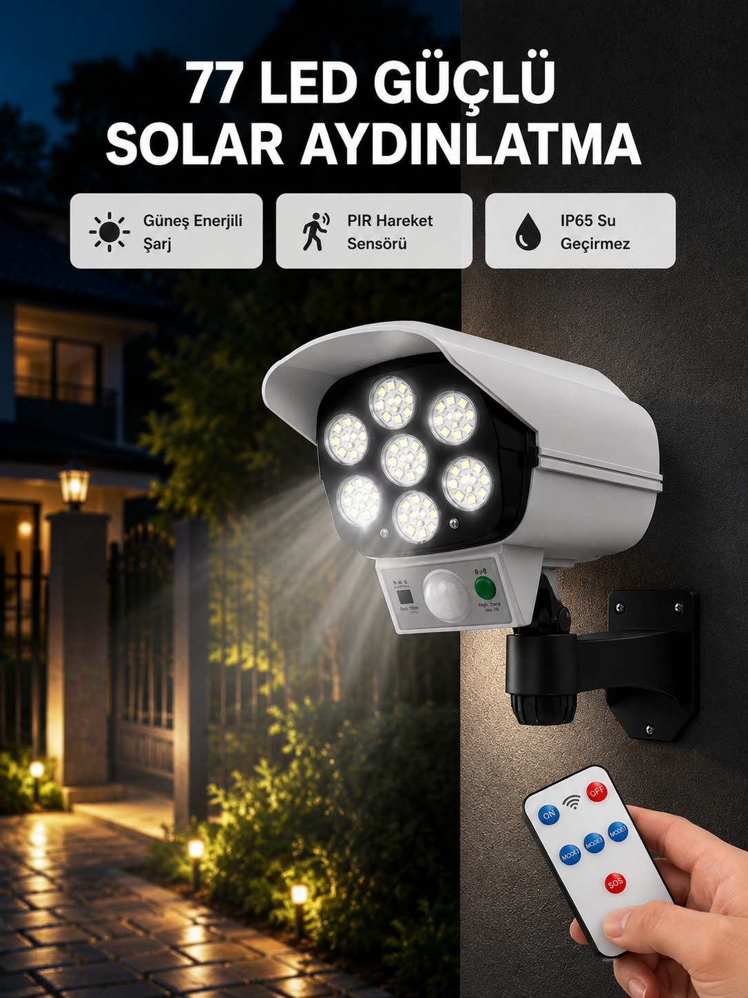 77 LED'li Güneş Enerjili Güvenlik Lambası ve Kukla Kamera – Hareket Sensörlü, 2400mAh Pilli - Bayi Depom 77 LED'li Güneş Enerjili Güvenlik Lambası ve Kukla Kamera – Hareket Sensörlü, 2400mAh Pilli - Bayi Depom