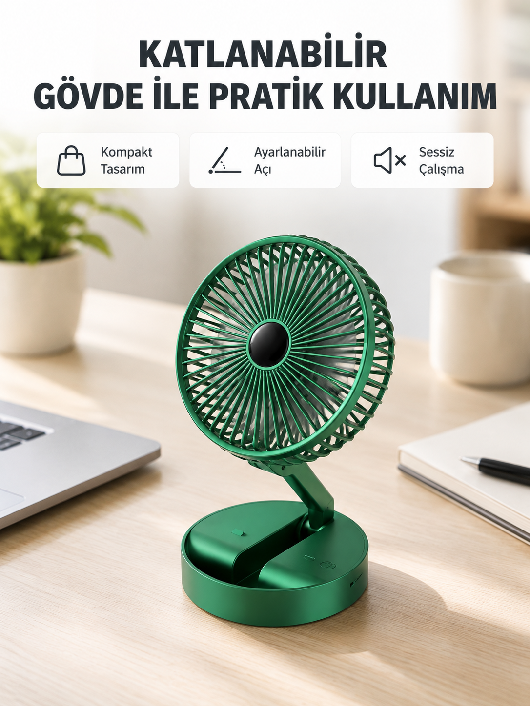 Şarjlı Katlanabilir Mini Fan – 3 Kademe Hız Ayarı, Taşınabilir Tasarım - Bayi Depom