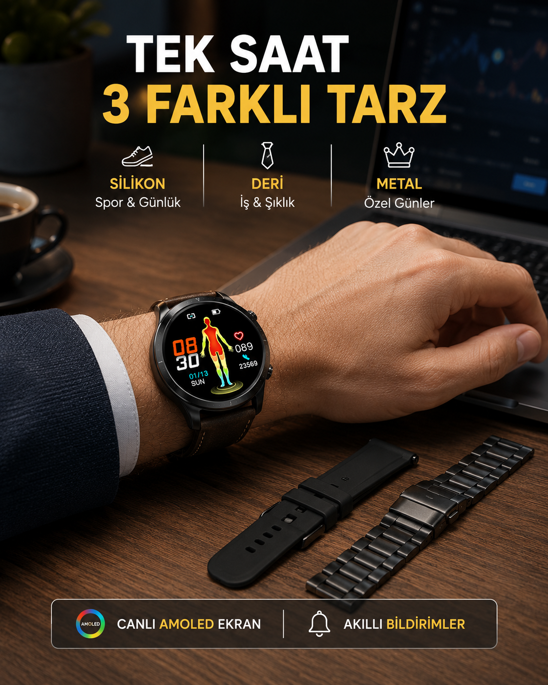 AMOLED Ekranlı Akıllı Saat – 3 Kordon Seçenekli, Suya Dayanıklı, Kalp Atış ve Uyku Takip Özellikli - Bayi Depom AMOLED Ekranlı Akıllı Saat – 3 Kordon Seçenekli, Suya Dayanıklı, Kalp Atış ve Uyku Takip Özellikli - Bayi Depom