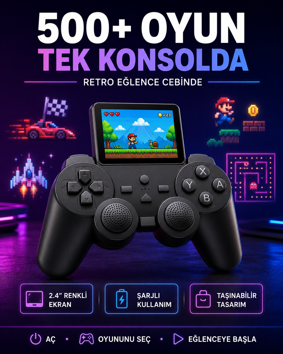 Çocuklar ve Yetişkinler İçin Uygun 500 Oyunlu Taşınabilir Mini Retro El Konsolu - Bayi Depom Çocuklar ve Yetişkinler İçin Uygun 500 Oyunlu Taşınabilir Mini Retro El Konsolu - Bayi Depom