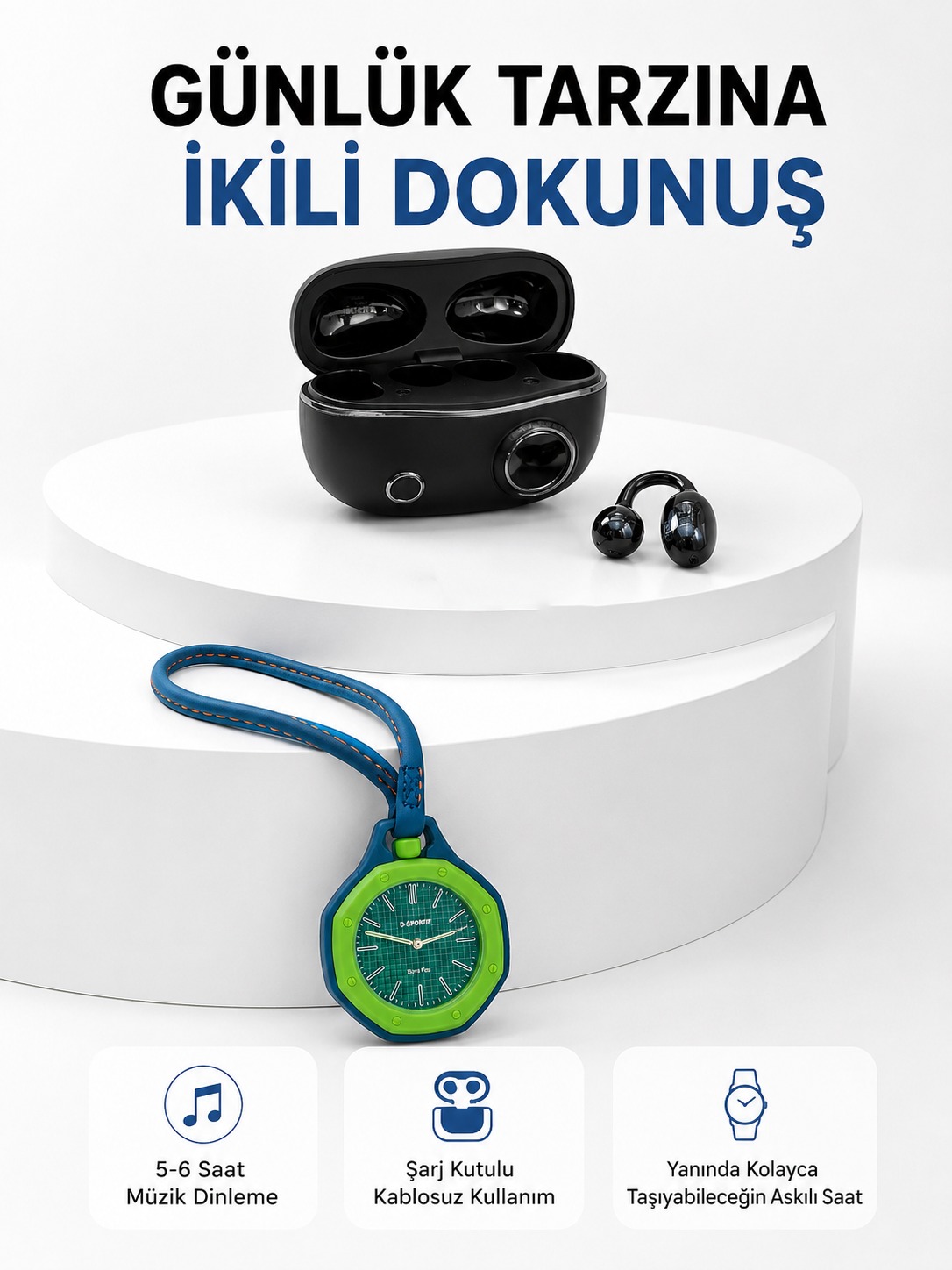 Şarj Kutulu Kablosuz Kulaklık ve Yeşil Askılı Analog Çanta Saati Avantajlı İkili Set - Bayi Depom Şarj Kutulu Kablosuz Kulaklık ve Yeşil Askılı Analog Çanta Saati Avantajlı İkili Set - Bayi Depom