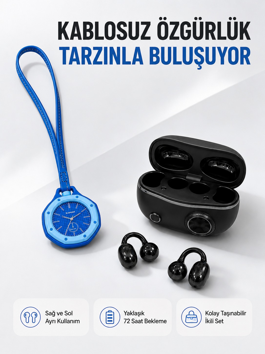 Kablosuz Kulaklık ve Mavi Çanta Charm Saat Kampanya Seti Taşınabilir Günlük Kullanım - Bayi Depom Kablosuz Kulaklık ve Mavi Çanta Charm Saat Kampanya Seti Taşınabilir Günlük Kullanım - Bayi Depom