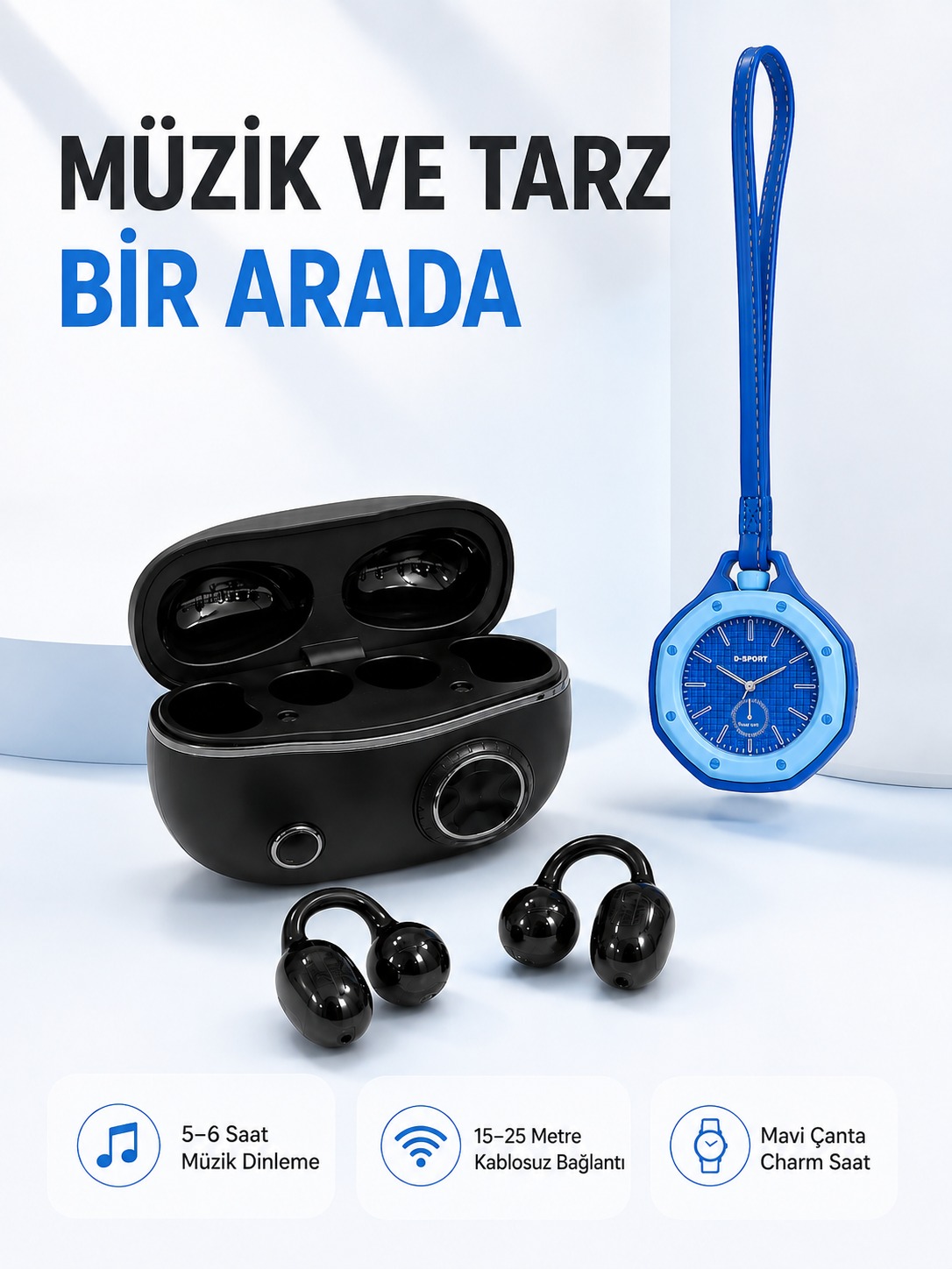 Şarj Kutulu Kablosuz Kulaklık ve Askılı Mavi Charm Saat Avantajlı İkili Set - Bayi Depom Şarj Kutulu Kablosuz Kulaklık ve Askılı Mavi Charm Saat Avantajlı İkili Set - Bayi Depom