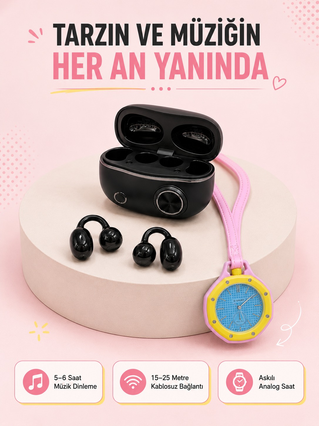 Şarj Kutulu Kablosuz Kulaklık ve Pembe Çanta Charm Saat İkili Fırsat Paketi - Bayi Depom Şarj Kutulu Kablosuz Kulaklık ve Pembe Çanta Charm Saat İkili Fırsat Paketi - Bayi Depom