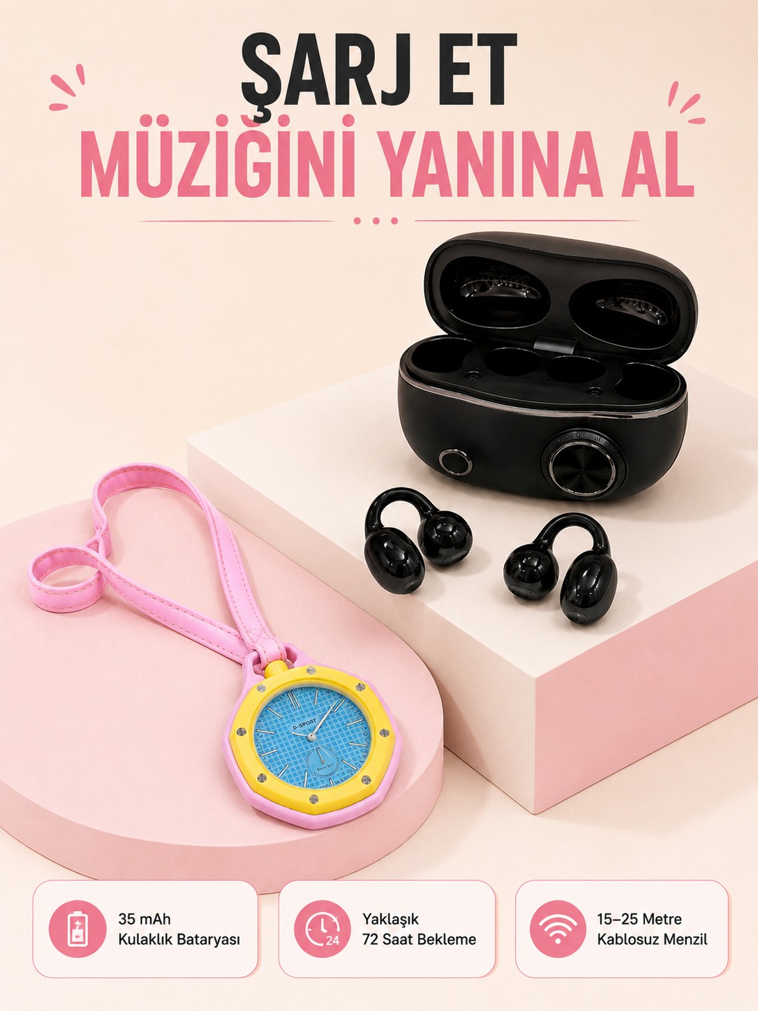 Kablosuz Kulaklık Seti ve Pembe Askılı Analog Charm Saat Günlük Kullanım Kampanyası - Bayi Depom Kablosuz Kulaklık Seti ve Pembe Askılı Analog Charm Saat Günlük Kullanım Kampanyası - Bayi Depom