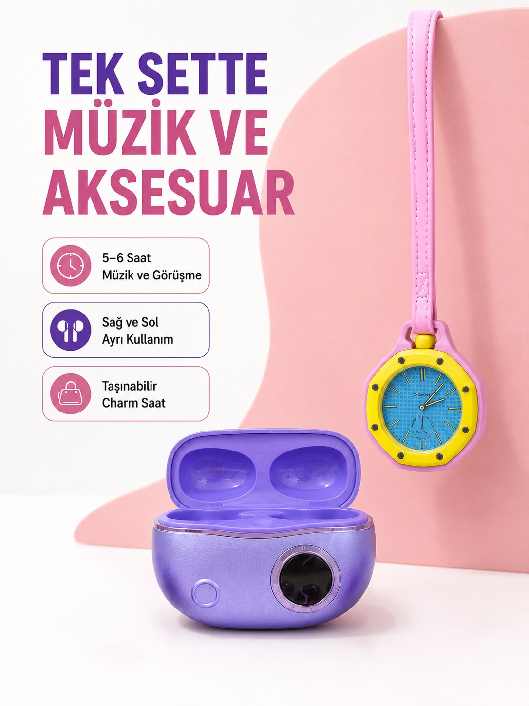 Kablosuz Kulaklık ve Pembe Çanta Charm Saat İkili Kampanya Seti Şarj Kutulu Taşınabilir Tasarım - Bayi Depom Kablosuz Kulaklık ve Pembe Çanta Charm Saat İkili Kampanya Seti Şarj Kutulu Taşınabilir Tasarım - Bayi Depom