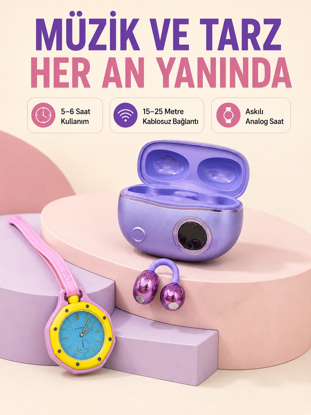 Mor Kablosuz Stereo Kulaklık ve Pembe Askılı Analog Çanta Saati Günlük Kullanım İkili Fırsat Seti - Bayi Depom Mor Kablosuz Stereo Kulaklık ve Pembe Askılı Analog Çanta Saati Günlük Kullanım İkili Fırsat Seti - Bayi Depom
