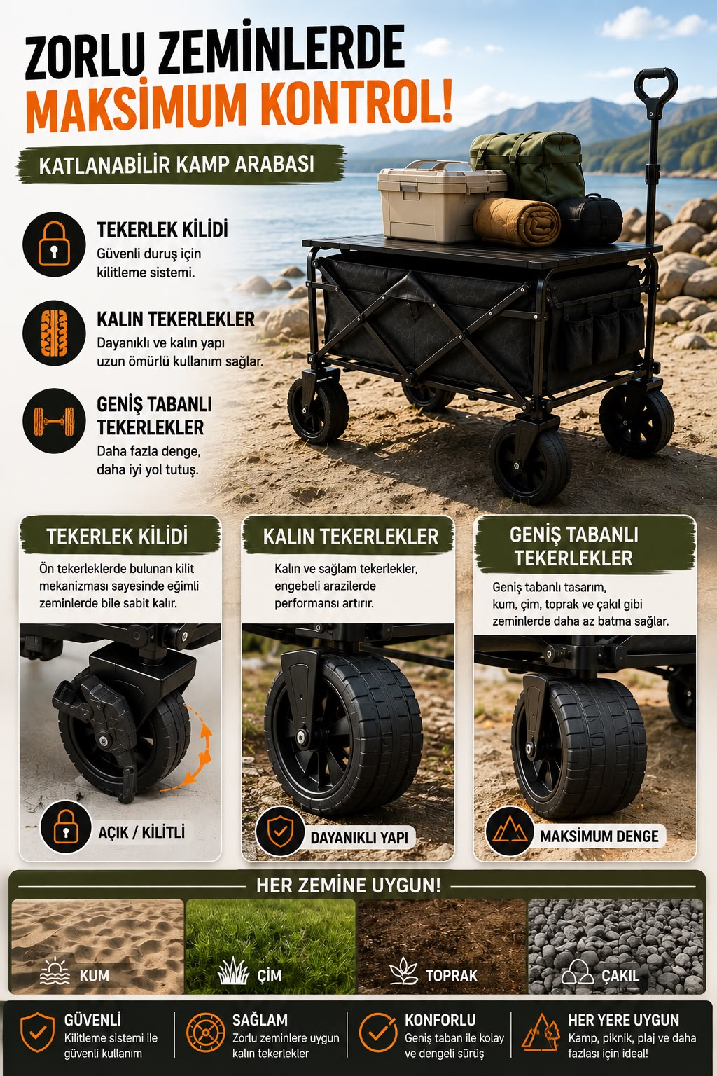 Katlanabilir Kamp Arabası Üst Tablalı 130 Kg Taşıma Kapasiteli Geniş Tekerlekli Çekçek - Bayi Depom Katlanabilir Kamp Arabası Üst Tablalı 130 Kg Taşıma Kapasiteli Geniş Tekerlekli Çekçek - Bayi Depom