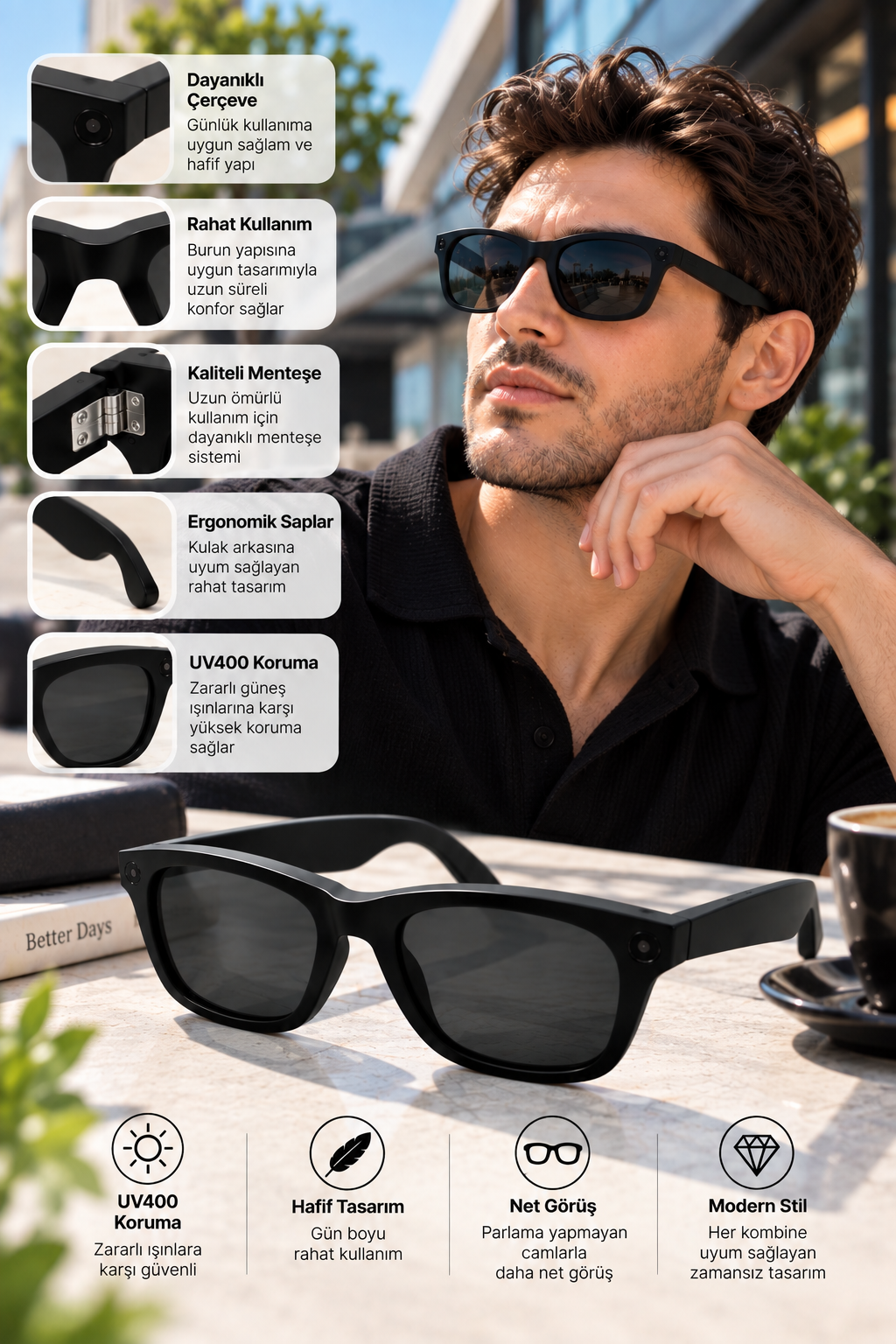 Kameralı Akıllı Güneş Gözlüğü Smart Glasses Siyah Şık Tasarım - Bayi Depom