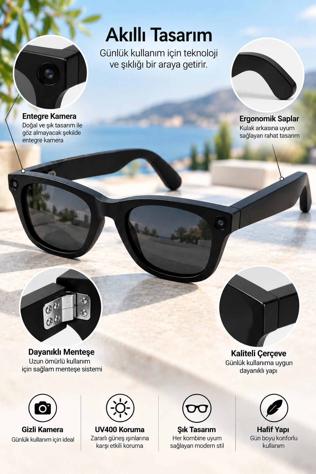 Kameralı Akıllı Gözlük Smart Glasses Güneş Gözlüğü Modern Siyah - Bayi Depom