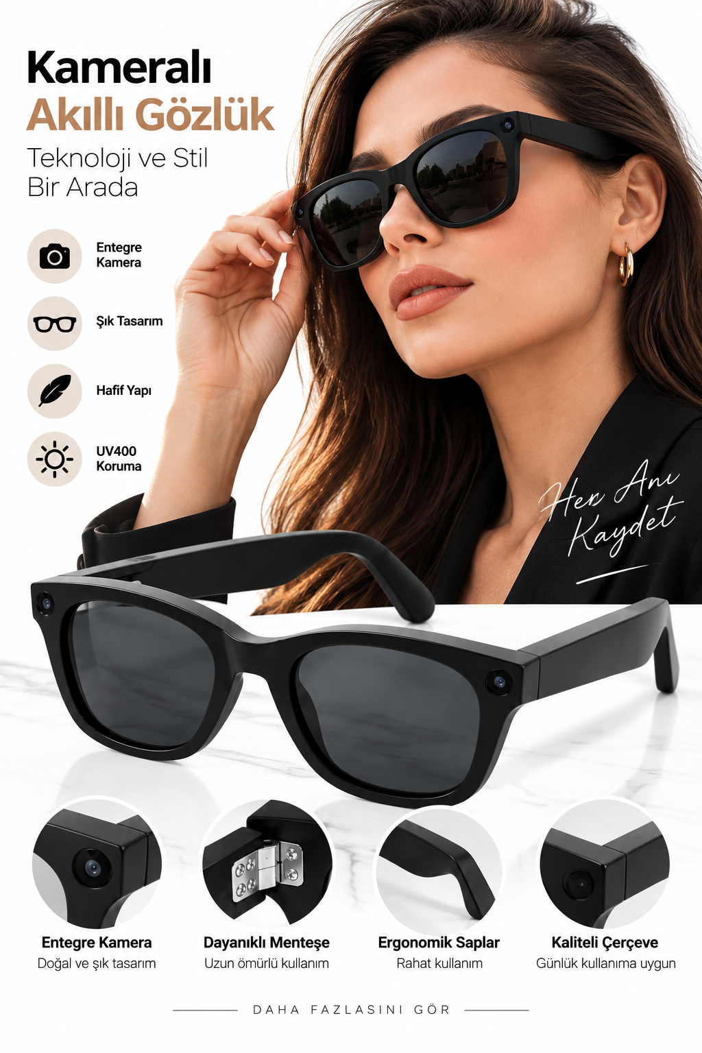 Kameralı Akıllı Gözlük Smart Glasses Güneş Gözlüğü Modern Siyah - Bayi Depom