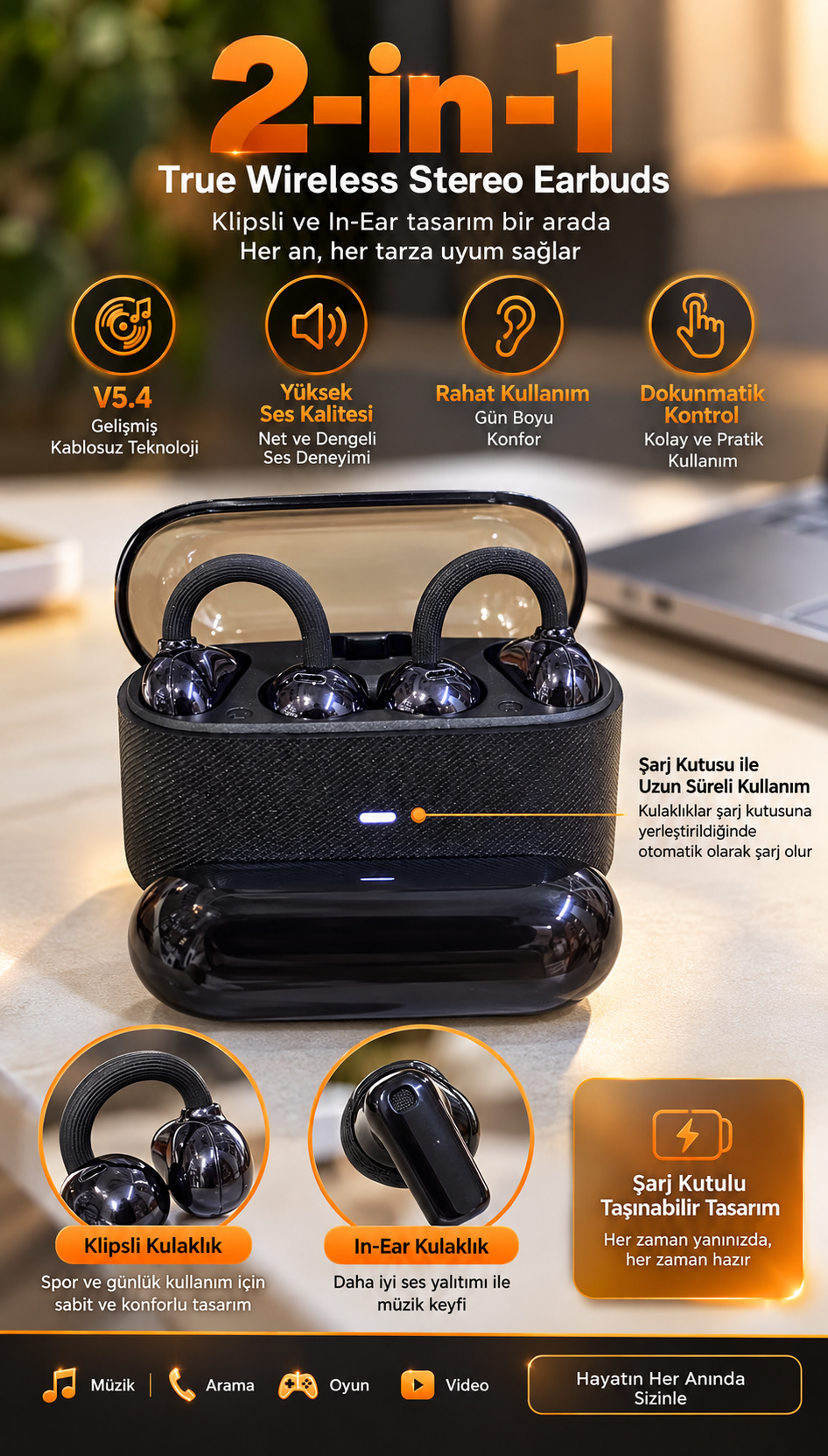 4 Kulaklıklı Kablosuz Bluetooth Kulaklık Klipsli ve Kulak İçi Kullanım 2’si 1 Arada Hi Fi Yüksek Ses Kalitesi Dokunmatik Kontrol Şarj Kutusu Siyah - Bayi Depom