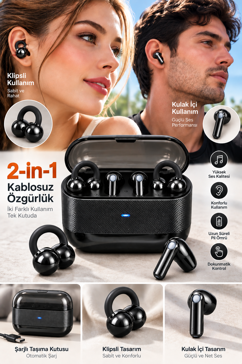 4 Kulaklıklı 2’si 1 Arada Kablosuz Bluetooth Kulaklık Klipsli Kulak İçi Siyah - Bayi Depom