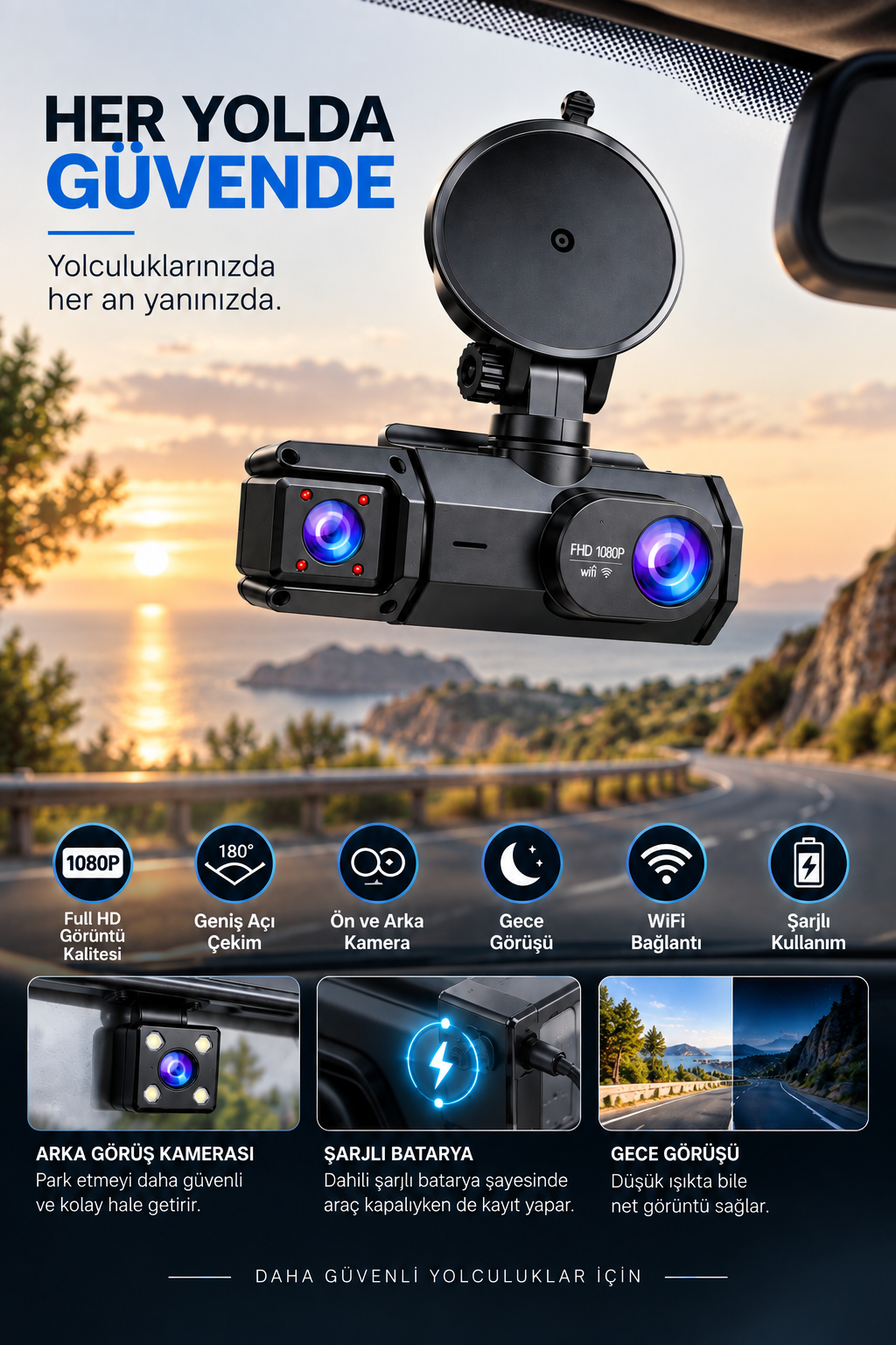 Ön Arka Kamera 1080P Full HD WiFi 180° Geniş Açı Şarjlı - Bayi Depom Ön Arka Kamera 1080P Full HD WiFi 180° Geniş Açı Şarjlı - Bayi Depom