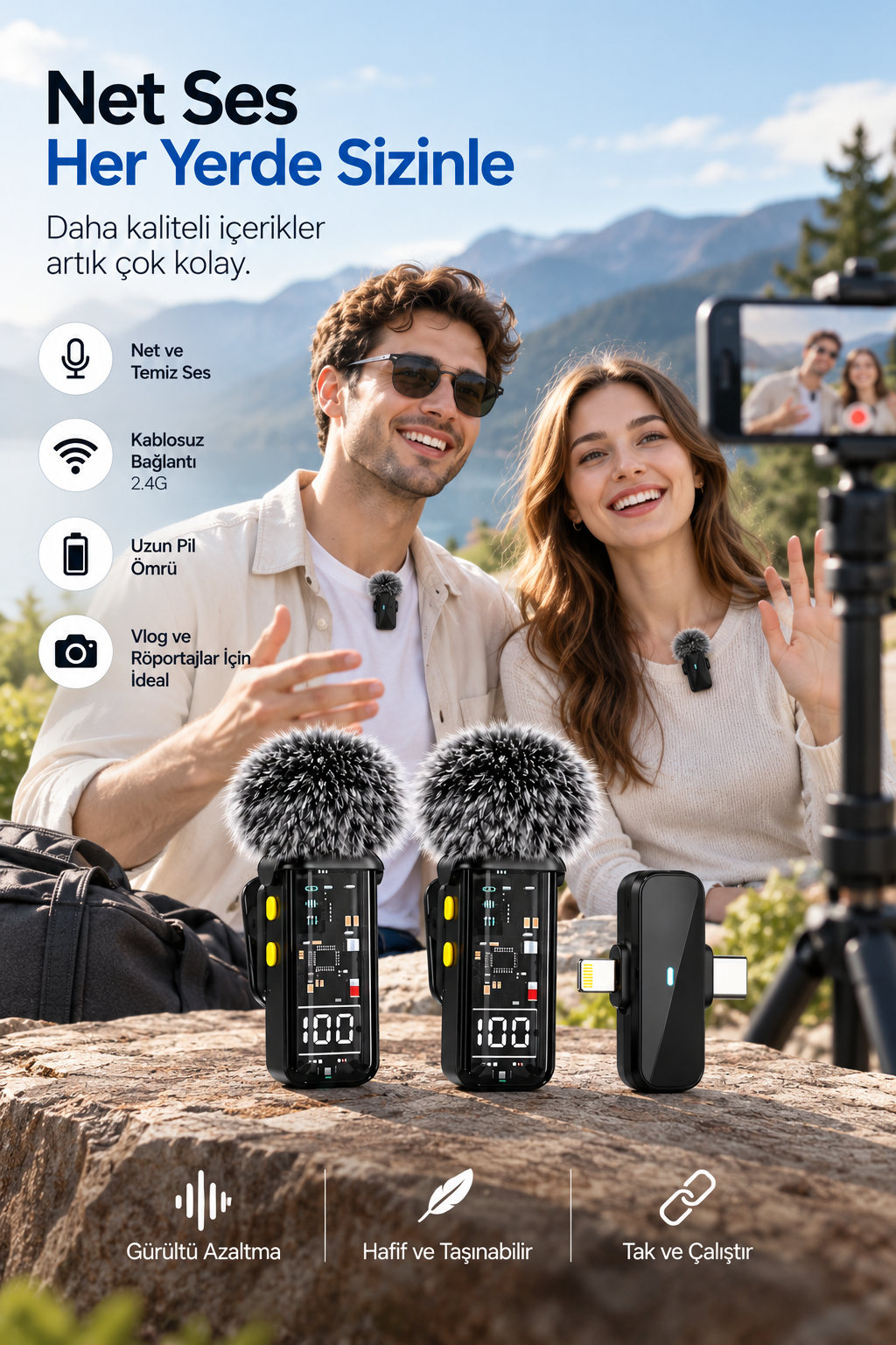 2.4G Kablosuz Çift Mikrofonlu Yaka Mikrofonu İçerik Üretim Seti - Bayi Depom