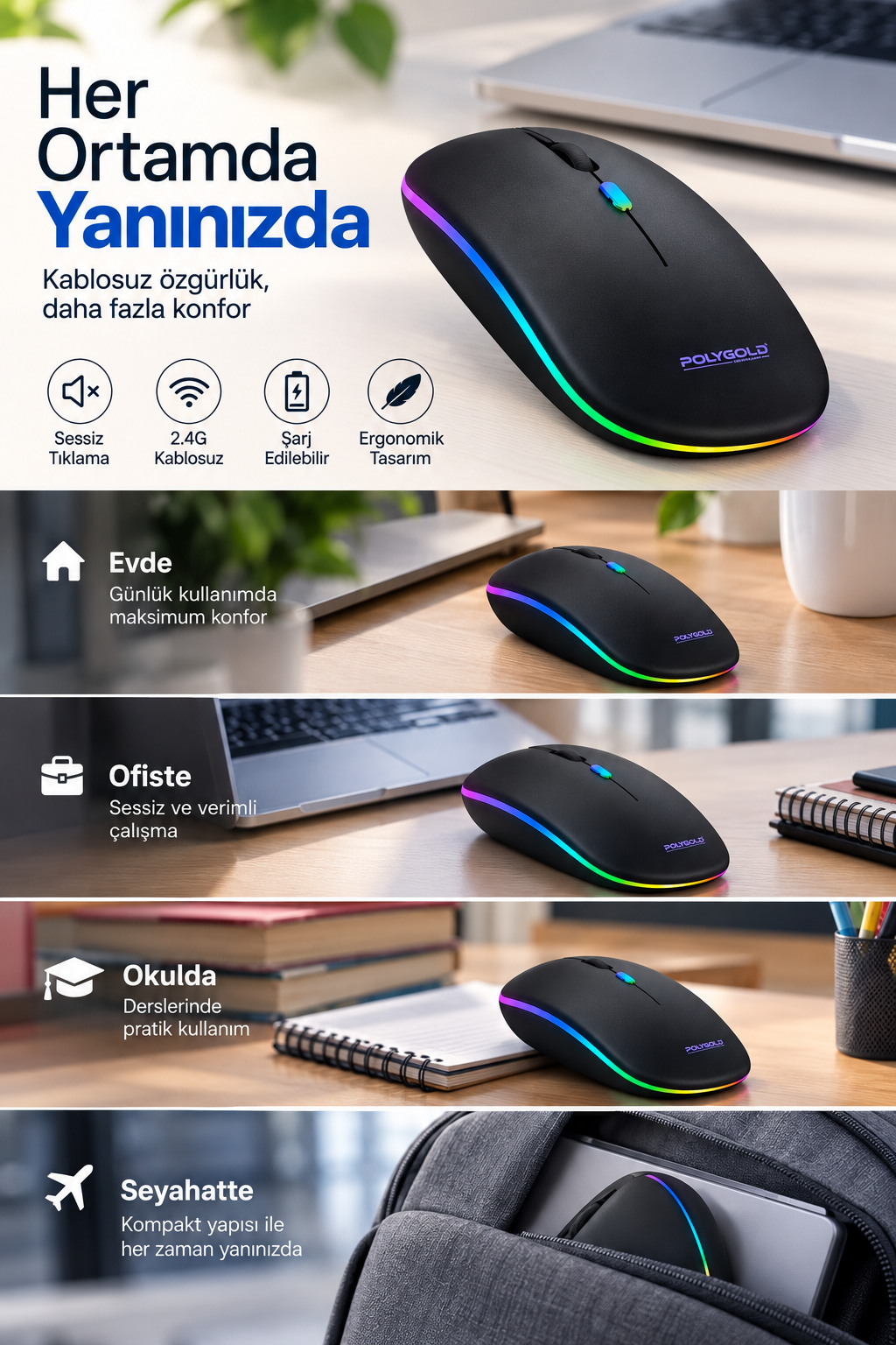 8 10 Metre Menzilli Şarj Edilebilir Kablosuz Mouse - Bayi Depom
